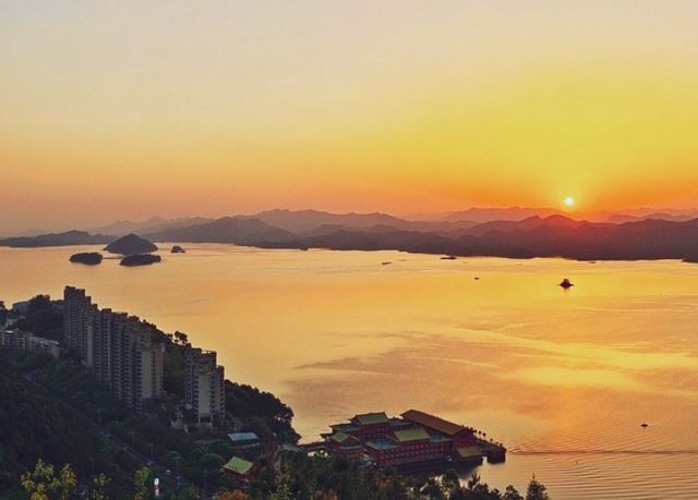 千島湖日落：致雅酒店、天屿山、上江埠大橋，不同角度的美