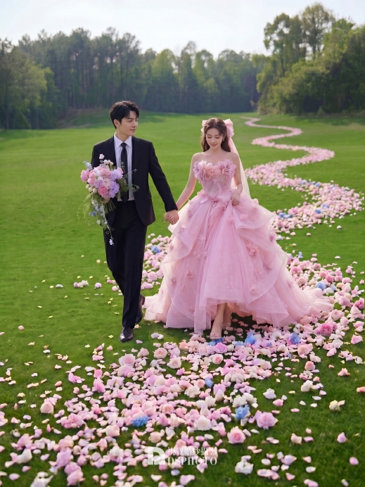 一歩一歩花が咲く森系の芝生でのウェディングフォト、それが私が