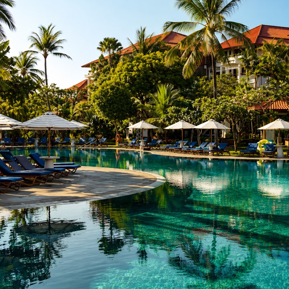 If you're looking for the most expensive, beautiful, and comfortable side of Bali, Nusa Dua is one of the best areas for a getaway. Here, you'll find wide beaches, manicured grounds, calm ocean waters, and a high concentration of luxurious 5★ resorts.

I’ve curated a list of hotels that stand out for their ratings, service, and overall atmosphere 👇

1. The St. Regis Bali Resort — ⭐ 4.8/5

💰 From 74,736 ₽ / $870 per night

One of the most opulent options in Nusa Dua. This beachfront hotel focuses on providing the ultimate personalized service.

The standout feature is the 24/7 personal butler service available to guests in all room categories. The property features spacious rooms and villas, several restaurants, a stunning beach, and a massive lagoon.

This is for those who want more than just a good hotel—it's a full-scale luxury experience where nearly every detail is anticipated for you.

⸻

2. The Apurva Kempinski Bali — ⭐ 4.8/5

💰 From 45,767 ₽ / $533 per night

This hotel is easily recognized by its grand, tiered architecture. It feels like a true Balinese palace by the ocean.

It offers vast grounds, spectacular pools, luxurious rooms and villas, fine dining restaurants, and programs dedicated to Balinese culture.

The architecture deserves special mention: it’s one of those hotels that makes you want to keep your phone out to take photos constantly.
⸻

3. Ayodya Resort Bali — ⭐ 4.8/5

💰 From 30,461 ₽ / $355 per night

If you prefer a more classic Balinese resort, take a look at Ayodya.

This is a massive complex featuring traditional Indonesian architecture, tropical gardens, swimming pools, and direct access to the sandy Mengiat Beach.

The main advantage is the feeling of a genuine tropical resort rather than just a large hotel. You could practically never leave the grounds and still find a new, beautiful spot to walk every day.

⸻

4. Samabe Bali Suites & Villas — ⭐ 4.7/5

💰 From 36,390 ₽ / $424 per night

A more intimate and private option.

The resort is situated on a cliff with panoramic ocean views. It offers spacious suites and villas, and guests can opt for an all-inclusive concept where dining isn't limited to a standard buffet.

Another unique feature is the option to include daily spa treatments in your stay.

Samabe is perfect for those who want their vacation to be as peaceful as possible: the ocean, a villa, excellent service, and minimal need to travel anywhere.

⸻

5. The Laguna, a Luxury Collection Resort & Spa — ⭐ 4.7/5

💰 From 74,736 ₽ / $870 per night

The highlight of The Laguna is that water is literally everywhere.

The property features seven interconnected lagoons covering over 5,000 m².

It gives the impression that the hotel was built inside a massive tropical pool. Additionally, it has its own beach, lush green grounds, restaurants, and full resort infrastructure.

A very beautiful option if the pool is one of your main reasons for choosing a hotel.

⸻

6. Mulia Resort — ⭐ 4.6/5

💰 From 22,166 ₽ / $258 per night

A massive luxury resort that suits those who love large-scale properties with extensive infrastructure.

Mulia is famous for its grand pools, spacious grounds, and restaurants. One specific reason to consider this hotel is the renowned Sunday brunch at Soleil.

At the same time, the price is significantly lower than some neighboring 5★ hotels in Nusa Dua.

⸻

7. The Ritz-Carlton, Bali — ⭐ 4.6/5

💰 From 44,610 ₽ / $519 per night

Another choice for those seeking a high level of service.

The rooms and villas here are very spacious, with some starting at approximately 100 m².

One of the most striking details of the resort is the panoramic glass elevator, which whisks guests down the cliffside directly to the secluded Sawangan Beach.

If you’re looking for a blend of privacy, beautiful architecture, and Ritz-Carlton level service, this option definitely belongs on your list.