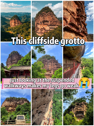 This grotto on a cliff, the skywalk will make your legs go weak   Can you believe it? 221 caves and tens of thousands of clay sculptures, all carved into a 142-meter-high