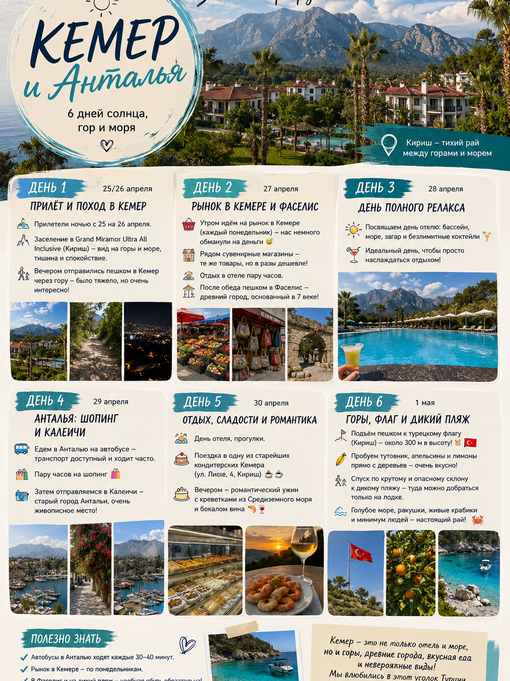КЕМЕР ЗА 6 ДНЕЙ 🇹🇷 | мой маршрут: от Ultra All Inclusive до дикого пляжа

День 1. Прилет и первое знакомство с Кемером 🏔️🌊

Прилетели ночью с 25 на 26 апреля и отправились заселяться в Grand Miramor в посёлке Кириш.

Мы специально выбрали Кириш, а не центр Кемера: здесь гораздо тише, вокруг горы, море и зелень — идеальное место, если хочется совместить all inclusive и самостоятельные прогулки. Отель находится практически у подножия гор и предлагает Ultra All Inclusive. 

А вечером решили не сидеть в отеле и отправились пешком в Кемер через гору 😅

Сказать, что было тяжело — ничего не сказать. Но именно такие прогулки потом вспоминаются больше всего: вокруг горы, сосны, море, а сверху открываются невероятные виды на побережье.

📍 Где жили: Miramor Hotel, Kiriş Mahallesi, Kiriş Caddesi, Kemer, Antalya.
💡 Совет: если планируете много ходить по горам, обязательно берите удобную обувь — обычные пляжные шлёпанцы здесь точно не вариант.

День 2. Кемерский рынок, шопинг и античный Фаселис 🧺🏛️

Утром отправились на знаменитый понедельничный рынок Кемера.

И здесь произошёл наш первый турецкий туристический квест: нас немного обманули с ценой 😂

Поэтому правило номер один: торгуйтесь! Особенно если цена изначально кажется завышенной.

А вот интересный лайфхак: после рынка мы заглянули в сувенирные магазинчики неподалёку и обнаружили, что некоторые вещи там стоят даже дешевле, чем на рынке.

После небольшого шопинга вернулись в отель, отдохнули пару часов и после обеда отправились пешком в сторону Фаселиса.

И вот это уже было настоящее путешествие во времени.

Фаселис — древний портовый город на небольшом полуострове, основанный в VII веке до нашей эры. Здесь сохранились остатки улиц, храмов, акведуков и других сооружений древнего города, а вокруг — сосновый лес и Средиземное море. 

Особенно впечатляет сочетание: ты буквально гуляешь среди античных руин, а через несколько минут можешь оказаться у невероятно красивого моря.

🐈 И, конечно, без турецких котиков мы не обошлись 😻

📍 Kemer Monday Market: Yeni Mah., 489. Sokak, 3, Kemer. 
💰 Фаселис: для иностранных посетителей сейчас указана стоимость €10. 
🕐 В сезон археологический комплекс работает примерно с 08:00 до вечера, но время лучше проверять перед поездкой.

День 3. День без маршрута — и это тоже часть путешествия 🌴🍹

После двух дней активных прогулок решили устроить себе настоящий день отпуска.

Никаких маршрутов, автобусов и подъёмов.

Только бассейн, море, солнце, коктейли и бесконечное ощущение:
«А ведь ради этого мы сюда и приехали» 😌

Иногда лучший день путешествия — тот, в котором вообще ничего не запланировано.

📍 Локация: Grand Miramor, Кириш.
💡 Совет: если выбираете отель в Кемере, Кириш отлично подойдёт тем, кто хочет более спокойную атмосферу, но при этом иметь возможность быстро добраться до самого Кемера.

День 4. Анталья, шопинг и Калейчи 🚌🏛️

29 апреля мы проснулись с осознанием, что ужасно сгорели 😂🔥

Но это нас не остановило — сели на автобус и отправились в Анталью.

Кстати, самостоятельная поездка из Кемера в Анталью — вполне удобный вариант: общественный транспорт между курортами ходит регулярно, поэтому необязательно покупать экскурсию.

В Анталье сначала оставили несколько часов на шопинг, а затем отправились гулять по Калейчи — историческому старому городу.

Узкие улочки, старые османские дома, небольшие магазинчики, ковры, сувениры и порт внизу — совсем другая атмосфера по сравнению с курортным Кемером.

📍 Калейчи: исторический центр Антальи, район Muratpaşa.
💡 Совет: на Калейчи лучше закладывать минимум 2–3 часа. А ещё лучше — приехать ближе к вечеру, когда уже не так жарко и город особенно красив.

День 5. Апельсиновые сады, прогулки и романтический ужин 🍊❤️

30 апреля решили снова немного замедлиться.

Гуляли по Киришу, наслаждались природой и местными фруктами. В какой-то момент обнаружили настоящую Турцию из детских представлений: апельсины буквально растут вокруг тебя 🍊

Попробовали тутовник, апельсины и лимоны — всё настолько свежее и ароматное, что после этого магазинные фрукты кажутся совсем другими.

А вечером нас ждал наш маленький финал дня — романтический ужин с креветками из Средиземного моря и вином 🦐🍷

📍 Кириш, Кемер, Анталья
💡 Именно такие прогулки без конкретной цели я советую оставлять хотя бы на один день поездки — можно случайно найти самые красивые места.

День 6. +300 метров вверх — и дикий пляж 🌊⛰️

А вот этот день стал самым экстремальным.

Мы решили подняться пешком в гору к турецкому флагу.

Итого набрали около 300 метров высоты — для нас это оказалось настоящей тренировкой 😅

Но виды того стоили.

Вокруг горы, сосны, апельсиновые деревья, море и Кемер где-то далеко внизу.

А потом началась самая интересная часть — спуск к дикому пляжу.

И вот тут уже было не до шуток: склон оказался очень крутым и местами довольно опасным. Зато внизу нас ждало совершенно другое Средиземное море — прозрачная голубая вода, скалы, ракушки, маленькие живые крабы и практически полное отсутствие людей.

Самое интересное, что к этому месту можно добраться и по воде — на катере или лодке. А мы решили проверить себя и дошли пешком 😅

📍 Старт: Кириш, Kemer, Antalya.
⚠️ Важно: спуск к дикому пляжу не стоит воспринимать как обычную прогулку. Нужна хорошая обувь, вода и осторожность — особенно на обратном подъёме.

❤️ А теперь главное

За несколько дней в Кемере мы успели сделать всё сразу:

🏨 пожить в Ultra All Inclusive
🌊 искупаться в Средиземном море
⛰️ несколько раз уйти в горы
🏛️ погулять среди античных руин
🧺 сходить на местный рынок
🚌 самостоятельно съездить в Анталью
🏘️ потеряться в улочках Калейчи
🍊 попробовать фрукты прямо с деревьев
🦀 найти дикий пляж
🍹 и, конечно, просто хорошо отдохнуть.

И именно за это я люблю самостоятельные путешествия — никогда не знаешь, какой день окажется самым запоминающимся. 🇹🇷❤️ #turkey 
 #turkeytravel #turkishfood #kemer #Kiris #seaview #mountainviews #travelexperience #naturewalk #oldtown 