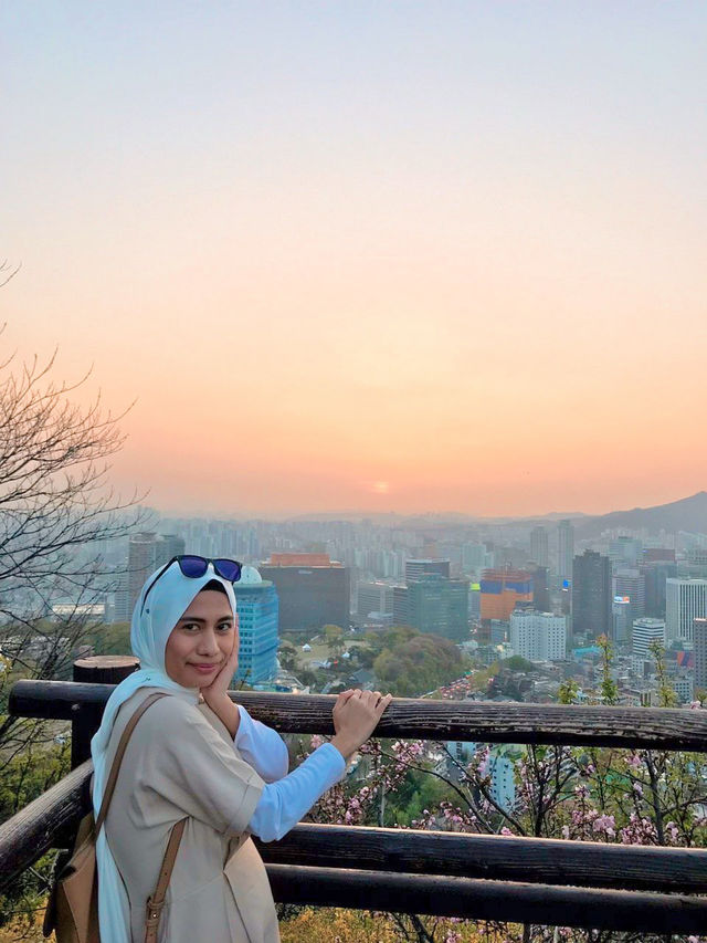 Sunset 🌅 and romantic cherry blossom view from Namsan Tower🗼