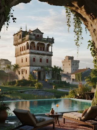 Mix-and-match aesthetic at its peak! Western-style colonnades actually grow on top of Chinese-style fortresses!