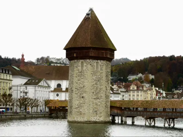 Famous Landmark in Lucerne, Switzerland - Chapel Bridge (Kapellbrücke) and Water Tower (Wasserturm)