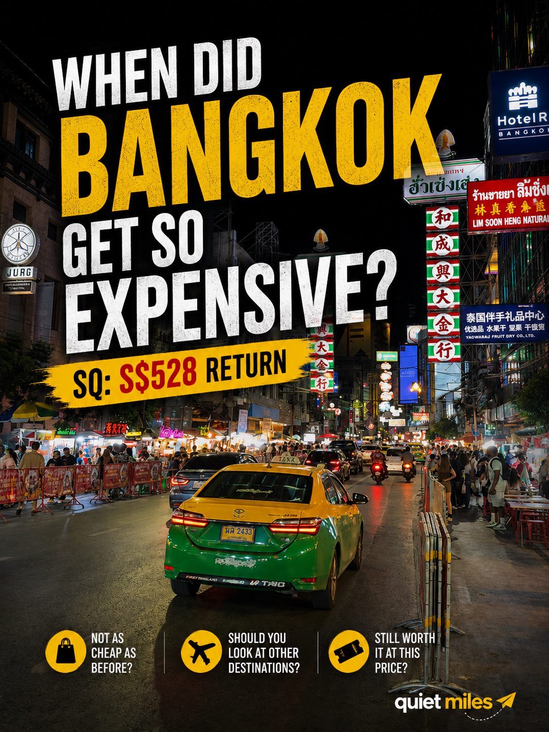 Maybe I’m showing my age.

But I still remember when a full-service return ticket from Singapore to Bangkok could be found for around S$300.

Back then, Bangkok wasn’t just a great destination.

It was one of Asia’s biggest bargains.

Today, I was looking at fares for a 5-day trip.

· Scoot: S$373
· Singapore Airlines: S$528

And it got me thinking.

The real question isn’t whether Scoot is cheaper than Singapore Airlines.

The real question is:

Should I wait for prices to drop, or should I start looking elsewhere?

Because at S$528, Bangkok is no longer competing against Scoot.

It’s competing against the rest of Asia.

For similar money, I could be looking at:

· Shanghai
· Hong Kong
· Taipei
· Fukuoka
· Seoul during a sale

Twenty years ago, the decision was easy.

Bangkok offered cheap flights, cheap hotels, cheap food and cheap shopping.

Today, Bangkok still wins on many of those things after you land.

But the airfare advantage that made it the default choice for Singaporeans has narrowed considerably.

And that’s where things get interesting.

Travel demand is surprisingly sensitive to value.

When prices rise too much, travellers don’t necessarily stop travelling.

They simply go elsewhere.

We’ve seen this happen before with destinations that became relatively expensive compared to alternatives.

The moment travellers start saying:

“For another S$50, I could visit somewhere new.”

Demand starts shifting.

And when enough people make that decision, airlines eventually notice.

That’s usually when promotions return.

Personally, I don’t think Bangkok has become a bad value destination.

Hotels remain affordable.

Food is still fantastic.

Transport is inexpensive.

A massage still costs less than what many of us pay in Singapore for coffee and cake.

But I do think Bangkok is no longer the automatic answer it once was.

Which brings me back to the question I asked myself while looking at these fares:

At S$528, would you still book Bangkok today?

Or would you wait for a sale and explore somewhere else instead?

 #solotrip #thailand #bangkok #quietmiles #bangkoktrip #thailandtrip #travelhacks 