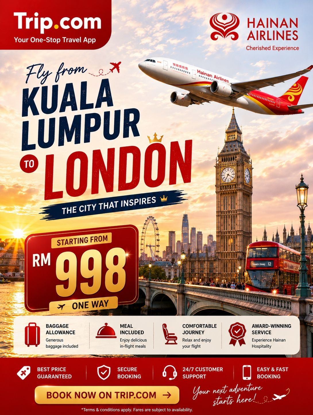 海南航空で行くロンドン！片道わずかRM998から