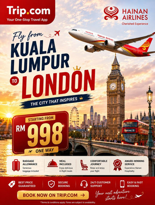 🇬🇧 Fly to London from only RM998 with Hainan Airlines! ✈️
Dreaming of visiting one of the world's most iconic cities? 🇬🇧 From historic landmarks to vibrant streets, London offers an unforgettable experience for every traveler. Now you can fly from Kuala Lumpur (KUL) to London (LHR) with Hainan Airlines from only RM998 one way on selected travel dates.
✈️ Flight Information
📍 Route: Kuala Lumpur (KUL) → London (LHR) ✈️ Airline: Hainan Airlines 💰 Starting from: RM998 (One Way) 🔄 Transit: Haikou, China 📲 Book conveniently with Trip.com
🇬🇧 Why visit London?
🏰 Explore Buckingham Palace and the Tower of London. 🎡 Ride the famous London Eye for panoramic city views. 🕰️ Visit Big Ben and the Houses of Parliament. 🌉 Walk across the iconic Tower Bridge. 🛍️ Shop along Oxford Street and Covent Garden. ☕ Enjoy classic British cafés, museums, and beautiful royal parks.
💡 Travel Tip: If your transit in Haikou is long enough, consider exploring a little of the city before continuing your journey. It's a great way to experience two destinations in one trip!
#travel2026 #travel #londontrips #hainan #cheapflightdeals 