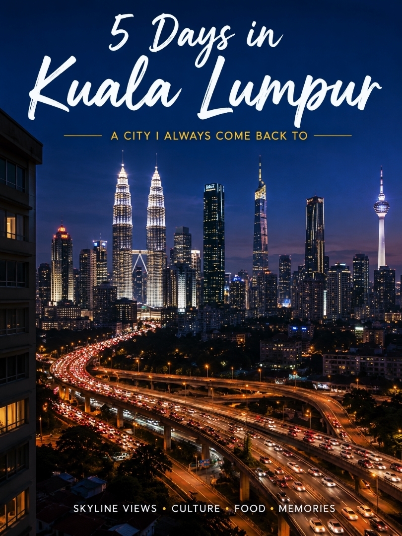 Some cities are worth visiting once… but Kuala Lumpur is the kind of city that keeps calling you back. ❤️

Many people have visited Kuala Lumpur.

But I think the way I experienced KL was a little different.

Instead of booking a hotel, I chose a residence for one simple reason, I wanted to wake up to the city's incredible skyline every day.

From my room, I could clearly see the Petronas Twin Towers, Merdeka 118, The Exchange 106, and KL Tower.

And there was something else I loved even more...

Watching the endless flow of traffic on Kuala Lumpur's elevated highways from above.

Sometimes the roads were packed, creating long rivers of glowing red brake lights stretching across the city.

Sitting quietly by the window, coffee in hand, I often found myself thinking,

"This city never really sleeps."

Those moments made me fall in love with Kuala Lumpur even more.

📍Day 1

My first stop was Little India, where authentic Indian food instantly made me feel at home.

After that, I visited KL Sentral, prayed at the National Mosque of Malaysia, and enjoyed dinner at Halab KL Arabia Restaurant.

📍Day 2

I explored the Petronas Twin Towers, had lunch and shopped at Suria KLCC, then visited Sultan Abdul Samad Jamek Mosque, Bangunan Sultan Abdul Samad, Merdeka Square, and ended the evening at the beautiful River of Life.

📍Day 3

I spent the day at Berjaya Times Square Theme Park using tickets I had booked in advance through Trip.com.

Later, I wandered around Bukit Bintang, had dinner at Sungei Wang Plaza, and finished the night on the KL Hop-On Hop-Off Bus, also booked through Trip.com.

📍Day 4

I started early with a train ride to Batu Caves.

In the afternoon, I explored Putrajaya, where Putra Mosque, Tuanku Mizan Zainal Abidin Mosque, and the Prime Minister's Office became the highlights of my day.

At night, I explored Chinatown, enjoyed local street food, and finished with delicious handmade Chinese noodles.

📍Day 5

On my final day, I visited my favorite shopping destination, NU Sentral, and enjoyed one last bowl of my favorite Curry Laksa before packing for the airport.

For me, Kuala Lumpur isn't just about famous landmarks.

It's about slowing down, exploring at your own pace, eating what you truly love, and appreciating the city's energy from sunrise until midnight.

Sometimes, simply sitting by the window with a cup of coffee while watching the skyline is already the perfect travel experience.

That's why Kuala Lumpur remains one of the cities I always look forward to visiting again. ❤️

💬 If you had five relaxing days in Kuala Lumpur, where would you go first? Or what is your favorite place in KL? Share your answer in the comments!

#KualaLumpur #Malaysia #VisitMalaysia #TripcomCreator #TravelMalaysia #PetronasTwinTowers #Putrajaya #BatuCaves #BukitBintang #RiverOfLife #TravelDiary #LuxuryTravel #Wanderlust #ExploreMalaysia #tripcom 