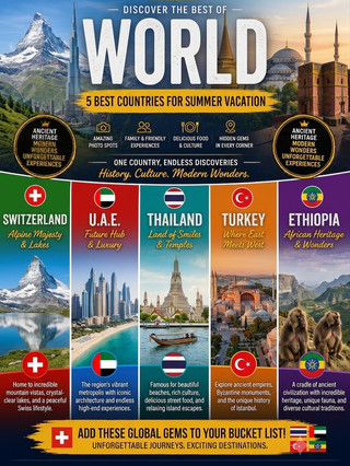 🌍 5 Ultimate Countries for Your Summer Vacation
This summer, escape the ordinary and embark on a journey that spans continents, cultures, and breathtaking landscapes. We have curated an exclusive list of the 5 best countries to travel for a truly unforgettable summer vacation. Whether you crave alpine serenity, modern marvels, tropical paradise, historic treasures, or ancient heritage, these "Global Gems" offer something spectacular for every traveler.
Add these destinations to your bucket list and let Trip.com help you plan the journey of a lifetime. From easy booking and 24/7 support to safe, welcoming destinations trusted by millions worldwide, your adventure begins here.
Explore Each Country’s Best Attractions in Detail
1. Switzerland 🇨🇭: Alpine Majesty & Lakes
Home to incredible mountain vistas, crystal-clear lakes, and a peaceful Swiss lifestyle.
A summer in Switzerland is a dream of lush green valleys, snow-capped peaks, and sparkling azure waters. It is the ultimate destination for nature lovers, hikers, and those seeking serene relaxation in some of the world's most beautiful landscapes.
Best Attractions:
· The Matterhorn (Zermatt): The iconic, pyramid-shaped peak is a must-see. In summer, the region offers world-class hiking, mountain biking, and even summer skiing on the glacier. Take the Gornergrat Bahn for breathtaking panoramic views of the Matterhorn and surrounding 4,000-meter peaks.
· Jungfraujoch – Top of Europe: Journey by cogwheel train to the highest railway station in Europe. Experience a high-alpine wonderland of ice, snow, and rocks, visit the Ice Palace, and step out onto the Sphinx Observation Deck for views of the Aletsch Glacier, the longest in the Alps.
· Lake Lucerne and Mount Pilatus: Explore the historic city of Lucerne with its famous Chapel Bridge, then take a boat ride across the stunning lake. For adventure, ascend Mount Pilatus via the world’s steepest cogwheel railway or an aerial cableway for panoramic views.
· Interlaken and the Lauterbrunnen Valley: Interlaken is the gateway to the Jungfrau region, perfect for adventure sports. Nearby, the Lauterbrunnen Valley, known as the 'Valley of 72 Waterfalls,' offers some of the most dramatic and beautiful scenery in Switzerland, including the Staubbach Falls and Trümmelbach Falls.
2. U.A.E. 🇦🇪: Future Hub & Luxury
The region's vibrant metropolis with iconic architecture and endless high-end experiences.
The United Arab Emirates redefine modern luxury and architectural innovation. While a summer destination, it offers unparalleled indoor luxury, sophisticated dining, world-class shopping, and thrilling entertainment in cities that feel like they have sprung from the future.
Best Attractions:
· **Burj Khalifa (Dubai): At over 828 meters, this is the tallest building in the world. Ascend to the observation decks on levels 124, 125, or the ultra-luxury lounge on 148 for unmatched views of the city skyline, desert, and ocean.
· **Sheikh Zayed Grand Mosque (Abu Dhabi): A masterpiece of modern Islamic architecture. This colossal mosque is a vision of white marble, intricate floral designs, and gold leaf, featuring the world’s largest hand-knotted carpet and stunning crystal chandeliers.
· The Palm Jumeirah and Atlantis, The Palm (Dubai): This man-made island in the shape of a palm tree is a symbol of Dubai’s ambition. Visit Atlantis for its massive Aquaventure Waterpark, The Lost Chambers Aquarium, and fine dining restaurants.
· Dubai Mall and The Dubai Fountain: More than just a shopping center, Dubai Mall is an entertainment destination with an Olympic-sized ice rink, an aquarium and underwater zoo, and a virtual reality park. In the evening, watch the spectacular, choreographed water, light, and music show of The Dubai Fountain.
3. Thailand 🇹🇭: Land of Smiles & Temples
Famous for beautiful beaches, rich culture, delicious street food, and relaxing island escapes.
Thailand is a mesmerizing blend of ancient temples, bustling modern cities, vibrant street markets, and pristine tropical islands. Its warm hospitality, rich Buddhist culture, and incredible cuisine make it one of the world's most popular summer escape destinations.
Best Attractions:
· The Grand Palace and Wat Phra Kaew (Bangkok): The spiritual and historic heart of Bangkok. This complex of stunning buildings, with their intricate gold details and spires, houses the sacred Emerald Buddha, carved from a single block of jade.
· Phi Phi Islands: A tropical paradise in the Andaman Sea. Famous for their limestone cliffs, turquoise waters, and vibrant marine life, these islands offer world-class snorkeling, diving, and spectacular beaches like Maya Bay.
· Chiang Mai Old City and Temples: Immerse yourself in the cultural capital of the north. Wander through the moated Old City, visit historic temples like Wat Chedi Luang and Wat Phra Singh, and experience the lively night bazaars.
· Railay Beach (Krabi): Accessible only by boat due to the dramatic limestone cliffs that surround it, Railay is a rock climber's paradise and a tranquil haven of stunning beaches and emerald clear waters.
4. Turkey 🇹🇷: Where East Meets West
Explore ancient empires, Byzantine monuments, and the unique history of Istanbul.
Turkey is a captivating bridge between two continents, where a rich tapestry of Roman, Byzantine, and Ottoman history is woven into a vibrant modern nation. It offers surreal natural wonders, stunning Mediterranean coastlines, and bustling bazaars filled with exotic scents and colors.
Best Attractions:
· Hagia Sophia and Blue Mosque (Istanbul): These two masterpieces face each other in Istanbul's historic Sultanahmet district. The Hagia Sophia, a former cathedral and mosque, is famed for its massive dome and gold mosaics. The Blue Mosque (Sultan Ahmed Mosque) is known for its elegant six minarets and stunning blue İznik tile interior.
· Cappadocia's Fairy Chimneys and Cave Dwellings: A landscape like no other, formed by volcanic eruptions and erosion. Explore ancient underground cities, rock-hewn churches, and stay in unique cave hotels. The sunrise hot air balloon ride over this otherworldly terrain is an unforgettable experience.
· Pamukkale and Hierapolis: Step onto the "Cotton Castle," a series of white travertine terraces and pools formed by calcium-rich thermal waters cascading down a hillside. Bathe in these healing waters and explore the well-preserved ruins of the ancient Roman spa city of Hierapolis, including its massive theater.
· Ephesus Ancient City: Walk down the marble streets of one of the best-preserved classical cities in the Eastern Mediterranean. Marvel at the imposing Library of Celsus, the massive Great Theater, and the Temple of Hadrian.
5. Ethiopia 🇪🇹: African Heritage & Wonders
A cradle of ancient civilization with incredible heritage, unique fauna, and diverse cultural traditions.
Ethiopia is a land of profound history and dramatic, varied natural beauty. It is a unique destination in Africa, offering some of the continent's most significant historical sites, including ancient rock-hewn churches and castles, alongside spectacular mountains and unique wildlife.
Best Attractions:
· Rock-Hewn Churches of Lalibela: Often referred to as the "Eighth Wonder of the World," this UNESCO World Heritage site features 11 medieval, monolithic churches carved entirely from solid rock in the 12th century. The most famous is the cross-shaped Church of St. George (Bete Giyorgis).
· Simien Mountains National Park: A dramatic, rugged landscape of deep valleys and jagged peaks. This is a paradise for hikers and offers a chance to see unique endemic wildlife, including the Gelada baboon, the Ethiopian wolf, and the Walia ibex.
· Aksum Ancient City: The capital of the powerful Aksumite Empire (1st-7th centuries AD), a critical link between the ancient world and Sub-Saharan Africa. The site is famous for its colossal monolithic obelisks (stelae), ancient palaces, and royal tombs, and is believed to be the resting place of the Ark of the Covenant.
· **Fasil Ghebbi (Gondar): A fortress-city known as the "Camelot of Africa," which served as the home of Ethiopia's emperors in the 17th and 18th centuries. The complex includes the spectacular Fasilides' Castle, other smaller palaces, churches, and a unique, circular ceremonial bath.
