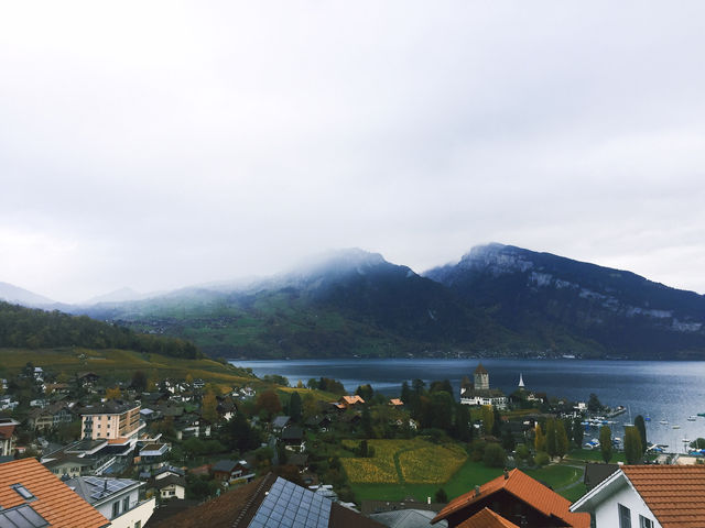 The small town of Spiez, Switzerland: met in the rainy morning