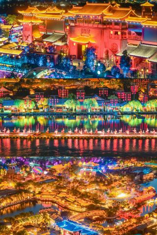 The night view of Qingming Riverside Landscape Garden in the millennium-crossing Tokyo Dream is stunningly beautiful!