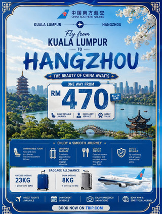 🇨🇳✈️ KUALA LUMPUR TO HANGZHOU — FROM RM470 ONE WAY!
Planning your next trip to China? 🇨🇳 Hangzhou is a beautiful destination that brings together stunning natural scenery, traditional Chinese culture, historic landmarks, modern city life and delicious local cuisine.
✈️ Fly from Kuala Lumpur to Hangzhou with China Southern Airlines for fares starting from just RM470 ONE WAY.
🧳 Baggage included:
✅ 23KG checked baggage
✅ 8KG hand carry
Once you arrive in Hangzhou, there’s plenty to explore. Start with the iconic West Lake, one of the city's most famous attractions, where you can enjoy beautiful lake views, gardens, bridges and traditional Chinese scenery. 🌊🌿
🏯 Explore Lingyin Temple and discover the spiritual and historical side of Hangzhou, stroll through Hefang Street for traditional architecture, local shops and street snacks, or visit the beautiful Longjing Tea Village to experience one of China's most famous tea-growing regions. 🍵
And of course, don't leave Hangzhou without trying the local food! 🍜🥢 Discover classic Hangzhou dishes such as Dongpo Pork, West Lake Fish in Vinegar Gravy, Beggar's Chicken and other local favourites.
From peaceful lakes and tea plantations to ancient temples, traditional streets, shopping areas and a modern skyline, Hangzhou offers a great mix of nature, culture, history, food and city experiences in one trip. ✨
💰 Kuala Lumpur → Hangzhou from RM470 ONE WAY
✈️ China Southern Airlines
🧳 23KG Checked Baggage + 8KG Hand Carry
🇨🇳 Explore Hangzhou. Taste the culture. Experience China.