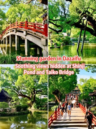 Dazaifu's stunning gardens! The Shinji-ike Pond and Taiko-bashi Bridge are hidden gems of healing scenery