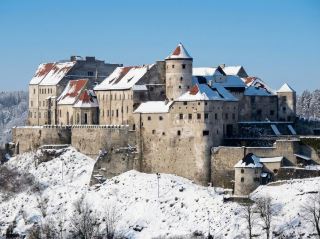 The world's longest castle, snow-covered Burghausen in Germany.