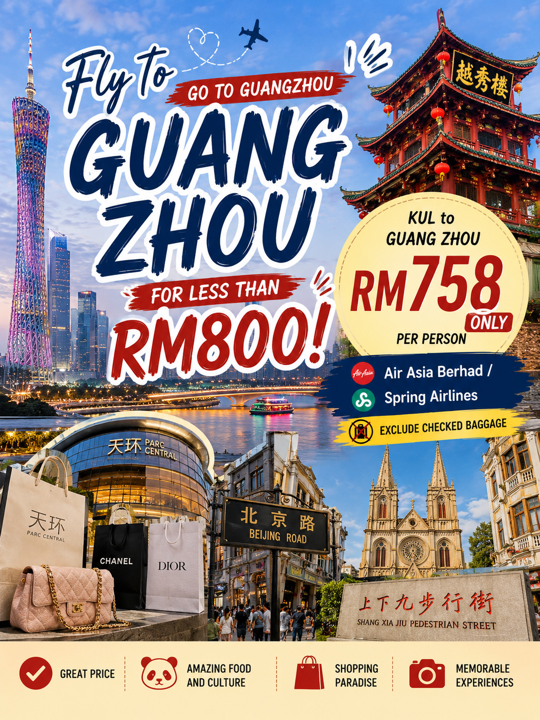 。
Lagi cari kota yang punya segalanya? Guangzhou adalah perpaduan pas antara belanja modern, sejarah yang kaya, dan kuliner Kanton yang juara banget.

🛍️ Belanja di mal-mal hits dan kawasan belanja yang seru  
🏯 Jelajahi landmark ikonik dan objek wisata budaya  
🍜 Cicipi dim sum autentik, angsa panggang, wonton noodle, dan masih banyak lagi  
🌃 Nikmati pemandangan city light dan tepi sungai yang memukau

Harga ini sudah termasuk:  
✅ AirAsia Berhad / Spring Airlines  
✅ Tiket pulang-pergi  
✅ Penerbangan langsung  
❌ Belum termasuk bagasi terdaftar

Saya juga sudah menyiapkan panduan lengkap mulai dari tempat wisata terbaik, spot belanja, kuliner wajib coba, hingga tips perjalanan buat bantu kamu rencanain liburan.

📌 Simpan panduan ini buat petualanganmu berikutnya ke Guangzhou!