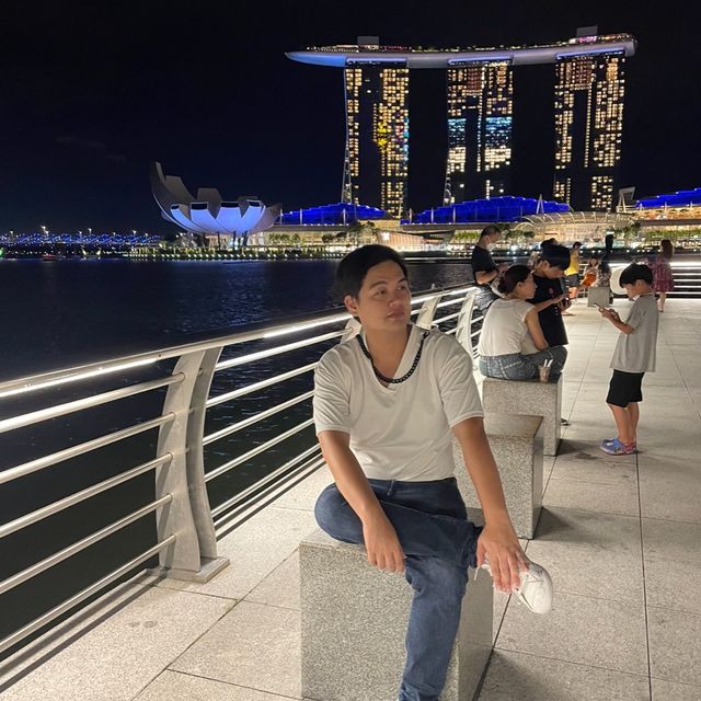 Merlion park Singapore ในยามค่ำคืน