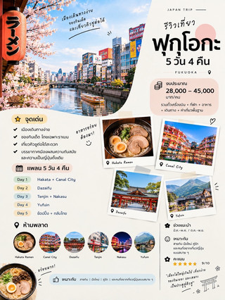 🇯🇵 รีวิวเที่ยวญี่ปุ่น: ฟุกุโอกะ 5 วัน 4 คืน 🍜
✨ จุดเด่น: เมืองเดินทางง่าย ของกินเด็ด ราเมนดัง และเที่ยวคิวชูต่อได้
💰 งบประมาณ: 28,000–45,000 บาท/คน
🗓️ แพลนแนะนำ
Day 1: Hakata + Canal City
Day 2: Dazaifu
Day 3: Tenjin + Nakasu
Day 4: Yufuin
Day 5: ช้อปปิ้ง + กลับไทย
⭐ ห้ามพลาด
🍜 Hakata Ramen
🏙️ Canal City
⛩️ Dazaifu
🛍️ Tenjin
🌃 Nakasu
♨️ Yufuin
🌸 ช่วงแนะนำ: มี.ค.–พ.ค. / ต.ค.–พ.ย.
👍 เหมาะกับ: สายกิน มือใหม่ คู่รัก และคนที่อยากเที่ยวญี่ปุ่นแบบสบาย ๆ
⭐ คะแนน: 9/10
“เมืองไม่ใหญ่เกินไป เที่ยวง่าย ของกินเยอะ และเหมาะเป็นประตูสู่คิวชู”