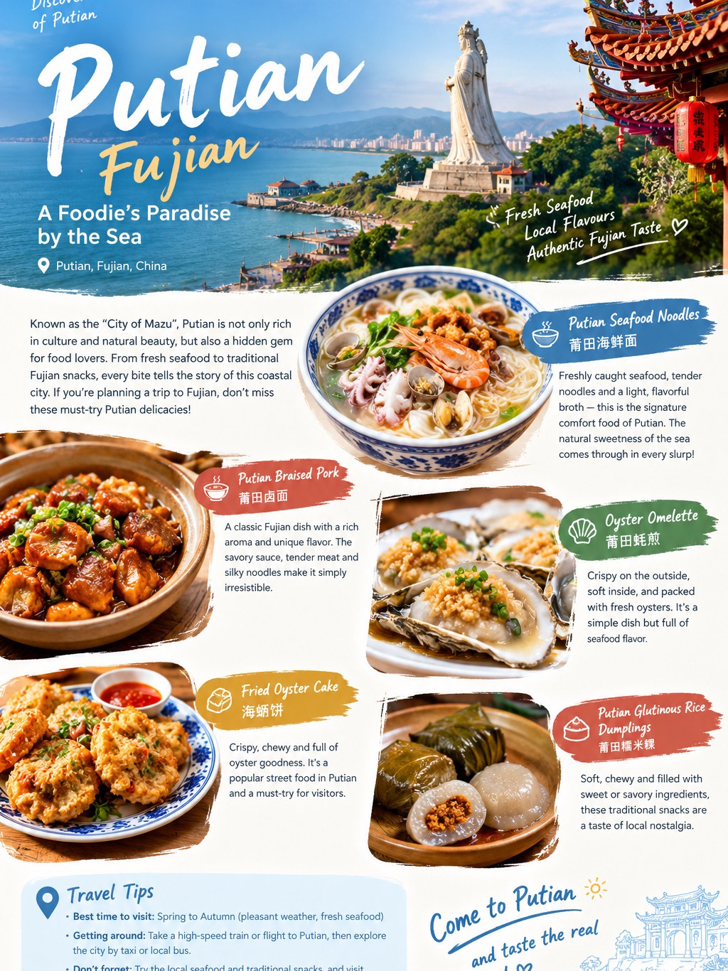 Putian, Fujian: A Food Lover’s Hidden Gem in China 🇨🇳🍜

Some cities impress you with grand landmarks, while others win your heart one bite at a time. Putian (莆田), a coastal city in Fujian, China, is a destination where authentic local flavours, fresh seafood and traditional food culture come together beautifully.

Often associated with its rich Mazu heritage, Putian offers more than cultural attractions. Its culinary identity is shaped by the sea, delicate noodles and comforting dishes that have been enjoyed for generations. If you love discovering local food beyond the usual tourist destinations, Putian deserves a place on your travel list. <Cite refs={[“turn757615search8”,“turn757615search3”]}/>

🍜 1. Putian Braised Noodles — The Signature Dish

No food journey in Putian would be complete without trying Putian Braised Noodles (莆田卤面).

Imagine thick, silky noodles soaking up a deeply savoury broth, accompanied by seafood, mushrooms, pork and dried seafood ingredients. Every mouthful brings together layers of flavour, making this dish both hearty and comforting.

It is more than a simple bowl of noodles — it captures the warmth of Fujian home-style cooking.

🍤 2. Xinghua Rice Vermicelli — Simple Yet Delicious

One of Putian’s most famous local staples is Xinghua Rice Vermicelli (兴化米粉).

These fine, delicate rice noodles are wonderfully versatile. Stir-fried with vegetables, seafood or meat, they absorb the fragrance of the ingredients while retaining their light texture.

For travellers who enjoy discovering everyday local favourites, this is a must-try dish. Sometimes, the simplest food reveals the strongest sense of place. <Cite refs={[“turn757615search5”,“turn757615search3”]}/>

🦪 3. Oyster Omelette — A Taste of the Coast

Putian’s coastal location makes seafood an essential part of its food culture.

The oyster omelette combines fresh oysters, eggs and a lightly crisp exterior with a tender, savoury centre. Each bite offers a delicious contrast of textures and a natural taste of the sea.

Enjoy it freshly prepared while exploring local eateries, and you will understand why seafood lovers are drawn to Fujian’s coastal cuisine.

🥢 4. Bian Rou Soup — Comfort in Every Spoonful

For something warm and soothing, try Bian Rou Soup (扁肉汤).

These delicate pork-filled dumplings are served in a light, comforting broth. Their tender texture and gentle flavour make them an appealing choice for breakfast or a relaxed lunch.

It is the kind of traditional dish that reminds you that travel is not only about spectacular sights, but also about experiencing how local people eat and live. <Cite refs={[“turn757615search1”,“turn757615search3”]}/>

🍖 5. Lychee Pork — A Sweet and Savoury Fujian Classic

If you enjoy dishes that balance different flavours, look for Lychee Pork (荔枝肉).

This well-known Fujian dish features pieces of pork with a distinctive sweet-and-sour flavour. Its name comes from its resemblance to lychees, while the sauce gives the meat a glossy finish and a lively taste.

It is an excellent dish to share with family or friends over a traditional Chinese meal. <Cite refs={[“turn757615search2”,“turn757615search1”]}/>

🏝️ 6. Fresh Seafood and Local Coastal Flavours

Beyond noodles and traditional snacks, Putian is a wonderful destination for seafood lovers.

Depending on the season and local availability, look out for oysters, razor clams, prawns and freshly prepared fish. For an especially memorable food experience, consider visiting the coastal areas or Meizhou Island, famous for its connection to Mazu culture.

Pair a seafood meal with a visit to the island’s cultural landmarks, and your day becomes a journey through both the flavours and traditions of Putian. <Cite refs={[“turn757615search8”,“turn757615search7”]}/>

📍 Travel Tips for Food Lovers

✨ What to eat: Putian braised noodles, Xinghua rice vermicelli, oyster omelette, bian rou soup and lychee pork.

✨ How to explore: Visit traditional noodle shops, local eateries and seafood restaurants instead of relying only on large restaurant chains.

✨ What to combine with your food trip: Explore Meizhou Island and experience Putian’s Mazu heritage.

✨ A useful tip: Ask local residents which dishes are seasonal and where they usually eat. Small neighbourhood restaurants can be wonderful places to discover authentic flavours.

❤️ Final Thoughts: Discover Putian One Bite at a Time

What makes Putian special is not extravagant presentation, but the harmony of fresh ingredients, comforting flavours and a culinary tradition rooted in coastal life.

From a steaming bowl of braised noodles to freshly cooked seafood, every dish offers another reason to slow down and appreciate this lesser-known corner of Fujian.

For travellers who believe that the best way to understand a destination is through its food, Putian is a delicious discovery waiting to happen.

Save this guide for your next Fujian adventure, and let your taste buds lead the way! ✈️

#Putian #FujianTravel #ChinaTravel #PutianFood #FujianCuisine #ChineseFood #FoodieTravel #LocalFood #TravelChina #HiddenGems