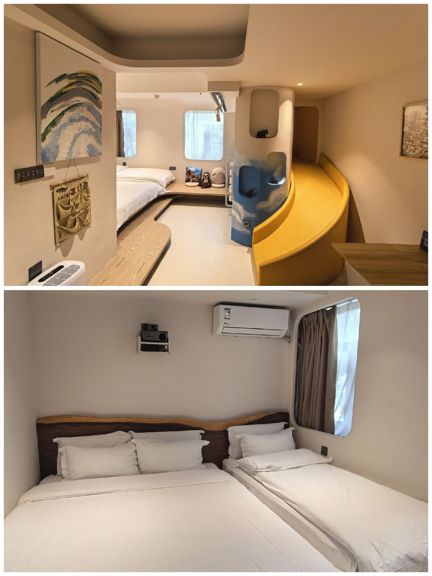  Traveling to Nanjing with kids, we discovered a hidden gem of a guesthouse full of atmosphere. No need to rush or travel far—staying here is a healing travel photo experience in itself.  
The public area right at the entrance is stunning. A large screen continuously shows panoramic views of Xuanwu Lake, the Ming City Wall, the Olympic rings, and the clear lake scenery—all iconic sights of Jinling you can check in to without stepping outside. Lush greenery surrounds the space, with lively butterfly decorations nestled among the branches. Paired with the "Yushe Tea Ceremony" tea setup, after exploring Nanjing’s old streets, you can brew a pot of tea and relax, smoothing away the travel stress.  
Step into the guest room, where a gentle, soothing creamy wabi-sabi design awaits. Rounded lines and built-in arched niches create a high-end Instagram-worthy vibe. The niches hold soft, cute Dumbo and vintage Moai statue decorations—unique and perfect for snapping atmospheric photos. The natural wood desk and wall-mounted yukata area are thoughtfully arranged, making packing and temporary work convenient.  
What excites the kids the most is the yellow cloud-style spiral slide inside the room, leading straight up to a cozy loft space. They can play from morning till night without getting bored. By the window, a sloth plush and cartoon pillows sit invitingly. Soft light filters through the rounded window, creating a warm and comforting atmosphere. The room layout includes a queen bed plus a single bed, perfect for families to stay spaciously and comfortably. The wall-mounted projector lets you cozy up in bed to watch shows, doubling the travel happiness.  
Detail lovers will appreciate the bathroom design. The dry and wet areas are clean and well separated. A special elephant-shaped children’s toilet thoughtfully meets family travel needs. The bathroom features a large makeup mirror and a stylish sink, making washing up and makeup easy. Soft linens are fully provided, perfect for relaxing after a long day on the go.  
In the ancient city’s lively atmosphere of Jinling, find a gentle and playful place to rest. Stroll the Ming City Wall and Xuanwu Lake by day to take in Nanjing’s scenery. At night, return to the guesthouse to enjoy tea, take photos, and play on the slide, fully embracing the relaxed travel vibe.  
This guesthouse is the top choice for family trips to Nanjing, offering a one-stop stay and travel photo experience to easily capture your family’s wonderful journey.