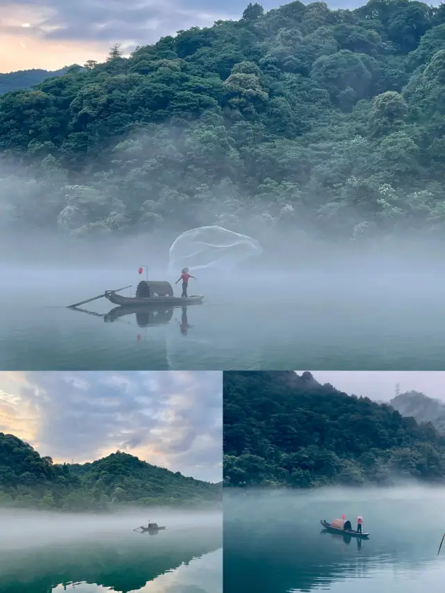 Chenzhou, Dongjiang Lake, misty Xiao Dongjiang, people are swimming in the painting