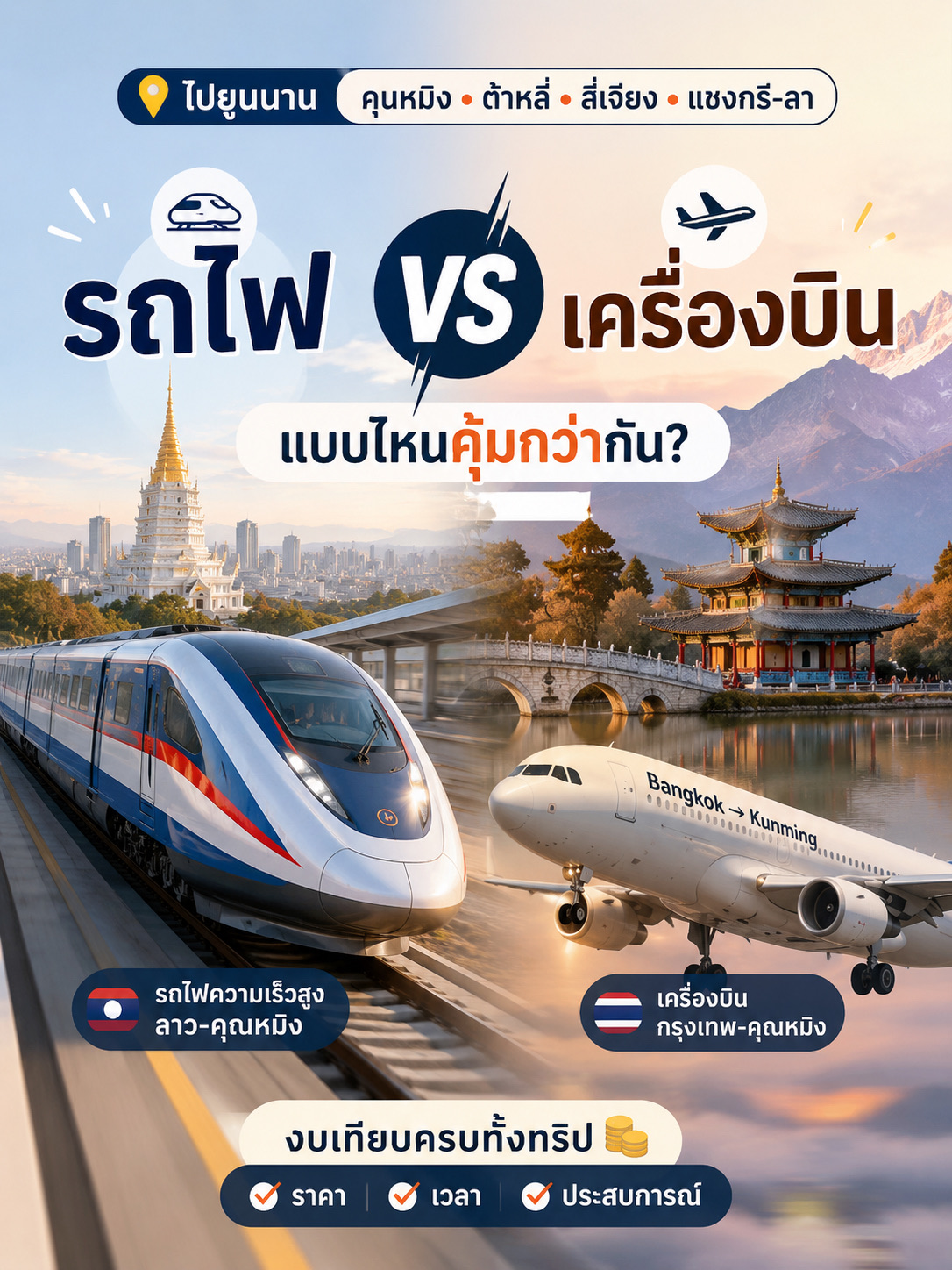 If you're planning a trip along the highly popular route:
🇨🇳 Kunming → Dali → Lijiang → Shangri-La

First things first, let's break down the total travel budget 👇
✈️🚆 Train VS Plane for your "Yunnan" getaway: Which offers better value?

Many might assume flying is always cheaper, but when you calculate the total transportation cost for the entire trip, the numbers are much closer than you'd expect.

🚆 Traveling by Train
💰 Total budget: Approx. 8,600–12,000 THB

Perfect for travelers who:
✔️ Want to experience the China-Laos Railway
✔️ Love soaking in the scenic views along the way
✔️ Have plenty of vacation days
✔️ Prefer easier budget control
____________________________
✈️ Traveling by Plane
💰 Total budget: Approx. 7,500–14,000 THB

Perfect for travelers who:
✔️ Have limited PTO / vacation days
✔️ Want to save travel time
✔️ Can score a great deal on promo flight tickets
____________________________
📍 Transportation Costs within Yunnan
Route: Kunming → Dali → Lijiang → Shangri-La → Kunming
This will cost you roughly 2,515–2,975 THB, 
regardless of whether you choose to enter Yunnan by train or plane.
____________________________
💡 For the Best of Both Worlds (Value & Experience)
Many travelers opt to 🚆 take the train there and ✈️ fly back. This way, you get to experience the epic China-Laos Railway while saving valuable time on your return journey.

Save this post for your Kunming–Dali–Lijiang–Shangri-La trip planning! ✨

          
 