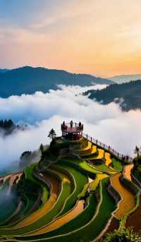 層層疊疊的田壟如天梯般蜿蜒山間，吊腳木樓隱現於雲霧中如仙境