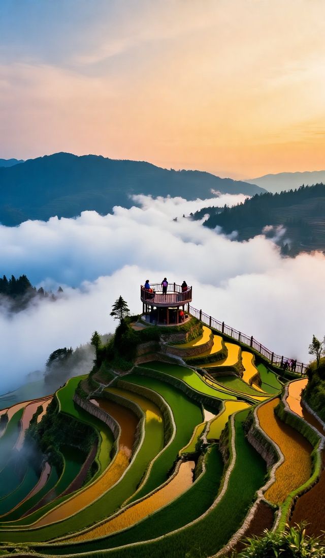 層層疊疊的田壟如天梯般蜿蜒山間，吊腳木樓隱現於雲霧中如仙境