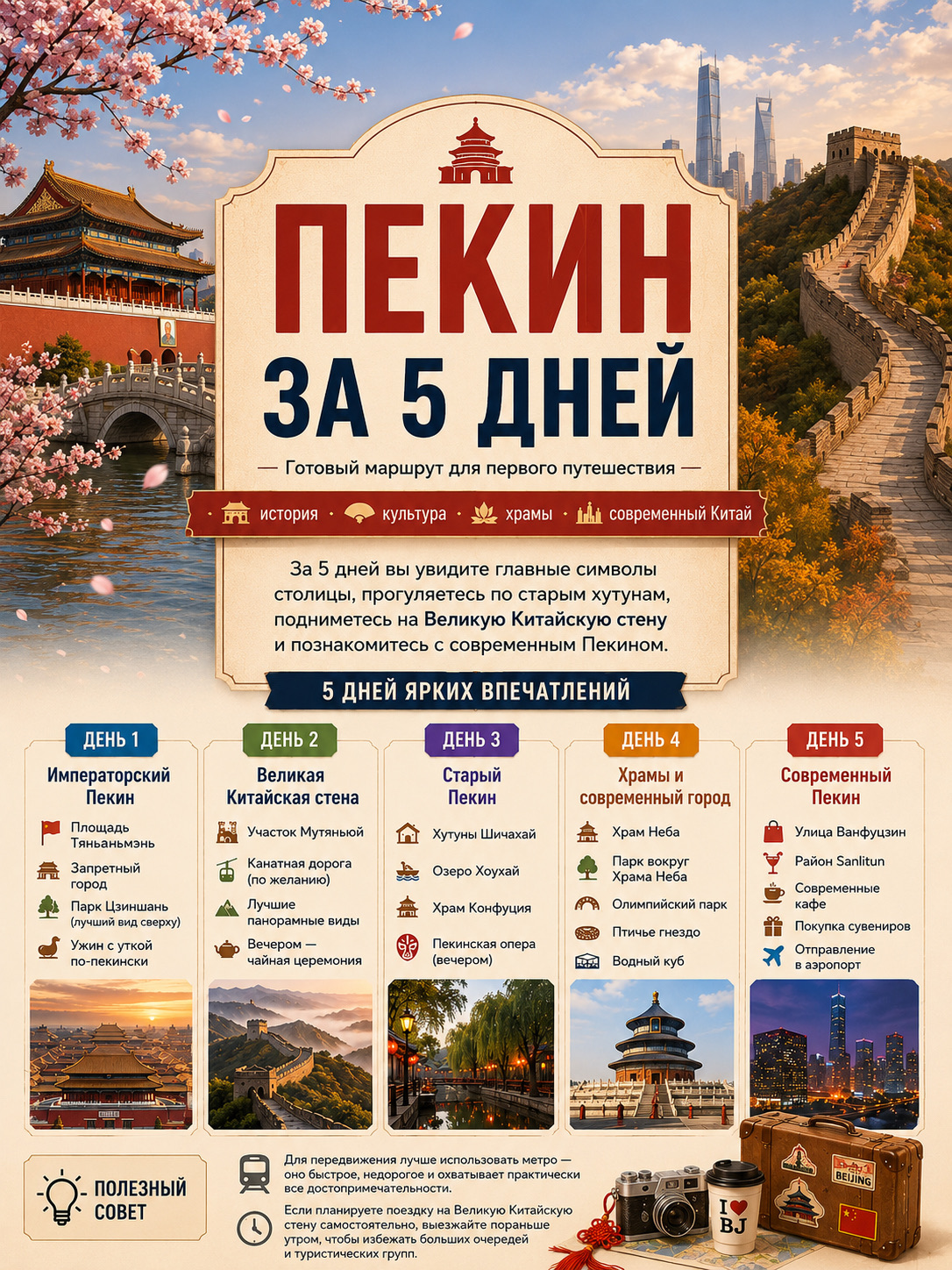 Kalau ini pertama kalinya Anda ke Beijing, waktu lima hari sudah lebih dari cukup untuk menjelajahi tempat wisata populer, menyelami sejarah kota, sekaligus merasakan denyut modernitasnya.

Tiga hari pertama sebaiknya difokuskan pada ikon-ikon utama ibu kota: Lapangan Tiananmen, Kota Terlarang (Forbidden City), Tembok Besar China, dan kawasan hutong yang sarat suasana tradisional. Sisa dua harinya bisa Anda gunakan untuk mengunjungi kuil, kawasan modern, serta jalan-jalan santai.

📍 Hari ke-4 — Kuil dan Sisi Modern Beijing

Mulailah pagi Anda di Temple of Heaven (Kuil Surga) — salah satu mahakarya arsitektur terindah di China. Di sinilah para kaisar Dinasti Ming dan Qing dahulu menggelar upacara permohonan agar panen berlimpah.

Setelah berkeliling kuil, pastikan Anda mampir ke taman di sekitarnya. Di sini, Anda bisa melihat warga lokal berlatih tai chi, bernyanyi, menari, hingga bermain permainan tradisional sejak pagi hari. Inilah kesempatan terbaik untuk melihat sisi otentik Beijing tanpa polesan wisata.

Di sore hari, meluncurlah ke Olympic Park yang dibangun untuk ajang Olimpiade 2008. Landmark utama di sini adalah Stadion "Bird’s Nest" dan "Water Cube" yang futuristik. Pemandangannya makin memukau di malam hari saat lampu-lampu mulai menyala.

⸻

📍 Hari ke-5 — Ibu Kota yang Modern

Gunakan hari terakhir Anda untuk menjelajahi kemajuan Beijing.

Awali langkah Anda di Jalan Wangfujing — salah satu pusat perbelanjaan paling ikonik. Anda akan menemukan mal besar, butik ternama, toko suvenir, hingga deretan kafe unik.

Lanjutkan perjalanan ke area Sanlitun — pusat gaya hidup urban Beijing. Kawasan ini jadi favorit warga lokal karena banyaknya butik modis, toko desainer, kedai kopi, dan restoran keren. Anda bisa menghabiskan waktu beberapa jam hanya dengan berjalan santai menikmati suasananya.

Sebelum pulang, jangan lupa membeli buah tangan. Beberapa barang berkualitas yang patut dilirik di Beijing antara lain teh China, kain sutra, kaligrafi, keramik porselen, dan perhiasan tradisional.

⸻

💡 Tips Bermanfaat

✔️ Cara termudah keliling Beijing adalah naik kereta bawah tanah (subway) — cepat, murah, and bebas macet.

✔️ Kunjungi Temple of Heaven di pagi hari agar bisa berinteraksi dengan kesibukan warga lokal.

✔️ Olympic Park paling cantik dinikmati setelah matahari terbenam.

✔️ Untuk urusan pembayaran transportasi, belanja, atau makan di kafe, sangat praktis menggunakan Alipay atau WeChat Pay.

Beijing adalah kota unik di mana istana kuno bersanding dengan gedung pencakar langit futuristik, dan tradisi ribuan tahun menyatu selaras dengan kehidupan modern. Dalam lima hari, Anda akan mengenal kedua wajah ibu kota China ini dan dijamin ingin kembali lagi nanti. 🇨🇳