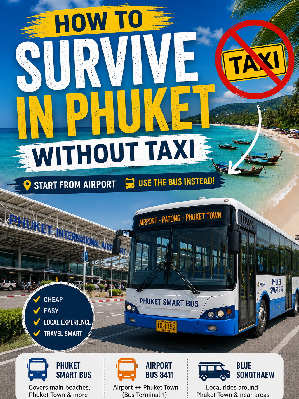 If you’re visiting Phuket and don’t want to rely only on taxis or Grab, here’s a simple guide to the main public transport options on the island.
1. Phuket Smart Bus
This is one of the easiest options for tourists, especially if you stay near the west-coast beaches.
Phuket Smart Bus currently has 3 routes:
Route 1: Airport ↔ Rawai
Route 2: Bus Terminal 2 / Phuket Town ↔ Patong
Route 3: Old Town Loop
It’s a good option for travelers going between Phuket Airport, Patong, Karon, Kata, Rawai, Phuket Town, and Old Town.
For me, this is the easiest public transport choice if you stay near the beaches.
2. Airport Bus 8411
If you want to go between Phuket Airport and Phuket Town / Bus Terminal 1, this is one of the most direct and budget-friendly options.
At the airport, you can find it by going to:
Main Terminal, Floor 1
Exit 3
Turn left and follow signs to the public transport parking area
Look for the orange Airport Bus 8411.
This bus is especially useful if you stay in Phuket Town or Old Town.
3. Blue Songthaew
This is the more local and basic option.
It’s cheap and useful for short local rides, especially from Phuket Town to different areas.
Typical fare is often around 30–50 THB, but it can vary depending on route and distance.
Helpful phrases:
Patong mai? = Does it go to Patong?
Tao rai? = How much?
Long tee nai? = Where do I get off?
Jot tee ni dai mai? = Can you stop here?
My tip: ask the price before you sit down, especially if you’re unsure.
My advice
Staying near Patong / Karon / Kata / Rawai → Smart Bus is often easiest
Staying in Phuket Town / Old Town → Airport Bus 8411 is very useful
Want the cheapest local ride → try the Blue Songthaew
For late night, hidden spots, or when you are in a hurry, Grab / taxi may still be easier
Phuket is not the easiest place in Thailand for public transport, but if you understand these 3 options, getting around becomes much easier.
Would you use public transport in Phuket, or do you usually take Grab? 🌴