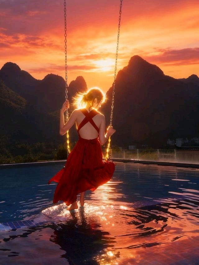 The most serene and beautiful sunset pool experience in Yangshuo