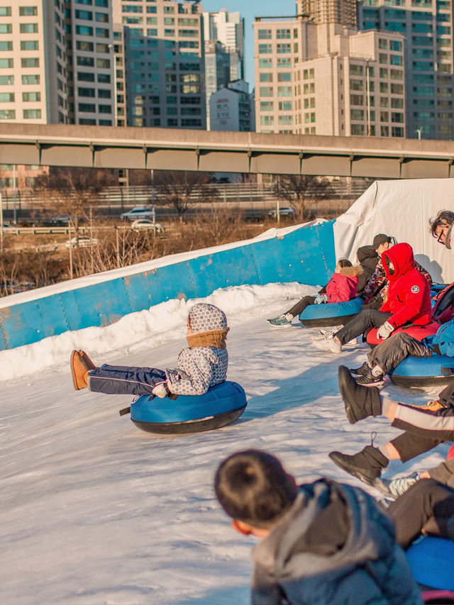 Ttukseom Hangang Park ไปเล่น sledding ริมแม่น้ำฮัน