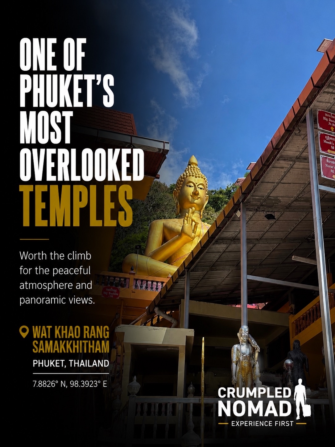 Most visitors come to Phuket for the beaches.

Some explore the Old Town.

Fewer make the climb to Wat Khao Rang Samakkhitham.

After visiting Phuket several times, I wanted to see a different side of the island. The short walk uphill led to one of the quietest places I experienced during the trip—far from the crowds, overlooking Phuket Town, with a peaceful atmosphere that encouraged me to slow down.

It reminded me that the best discoveries aren’t always the places everyone recommends. Sometimes they’re the ones waiting just beyond the usual itinerary.

If you’ve been to Phuket before, this is a worthwhile stop to add to your next visit.

📍 Wat Khao Rang Samakkhitham, Khao Rang
Phuket, Thailand

#CrumpledNomad #Thailand #ThailandTrip #Phuket #PhuketTrip #PhuketProvince #PhuketProvinceTrip  #PhuketTemple #ThailandTemple #PhuketTravel #ThailandTravel #ExperienceFirst #TravelStory