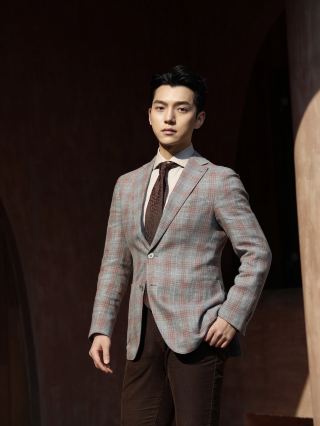 Light brown plaid suit captures the vintage magazine vibe on the streets of Shanghai