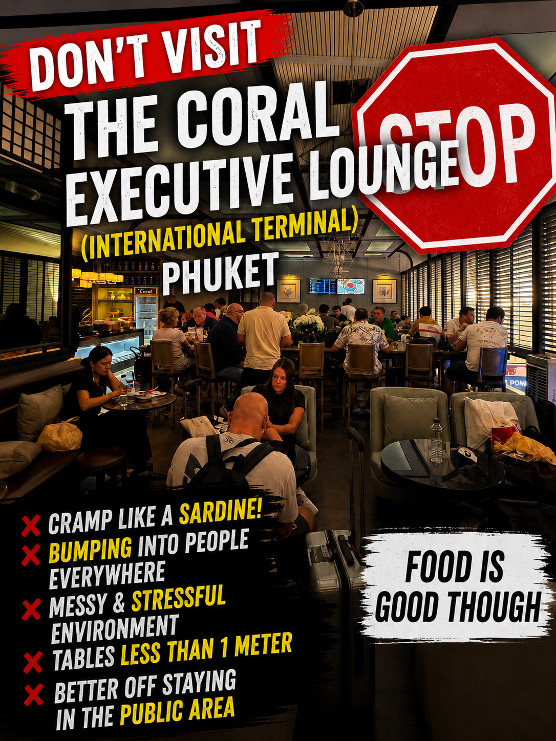 I don’t say this often, but I would skip the Coral Executive Lounge at Phuket International Airport.

The food selection was actually quite good and there was plenty to eat. Credit where it’s due.

The problem was everything else.

The lounge was packed. Tables were squeezed so closely together that it felt like everyone was dining with strangers. Moving around meant constantly bumping into people, chairs, and bags. Finding a quiet corner was almost impossible.

Instead of being a place to relax before a flight, it felt more stressful than the public departure area outside.

For me, a lounge should offer comfort, space, and a chance to unwind. Good food alone isn’t enough when the environment feels overcrowded and chaotic.

If you’re flying out of Phuket during a busy period, you may actually be better off grabbing a seat in the terminal and enjoying the extra space.

Not every airport lounge improves your travel experience.

Have you ever visited a lounge that was worse than the public waiting area?

#crumplednomad #phuketairport #airportlounge #travelthailand #frequentflyer #phukettrip #airportexperience #traveltips #loungereview #thailandtravel #phuket #thailandtrip #thailand 
