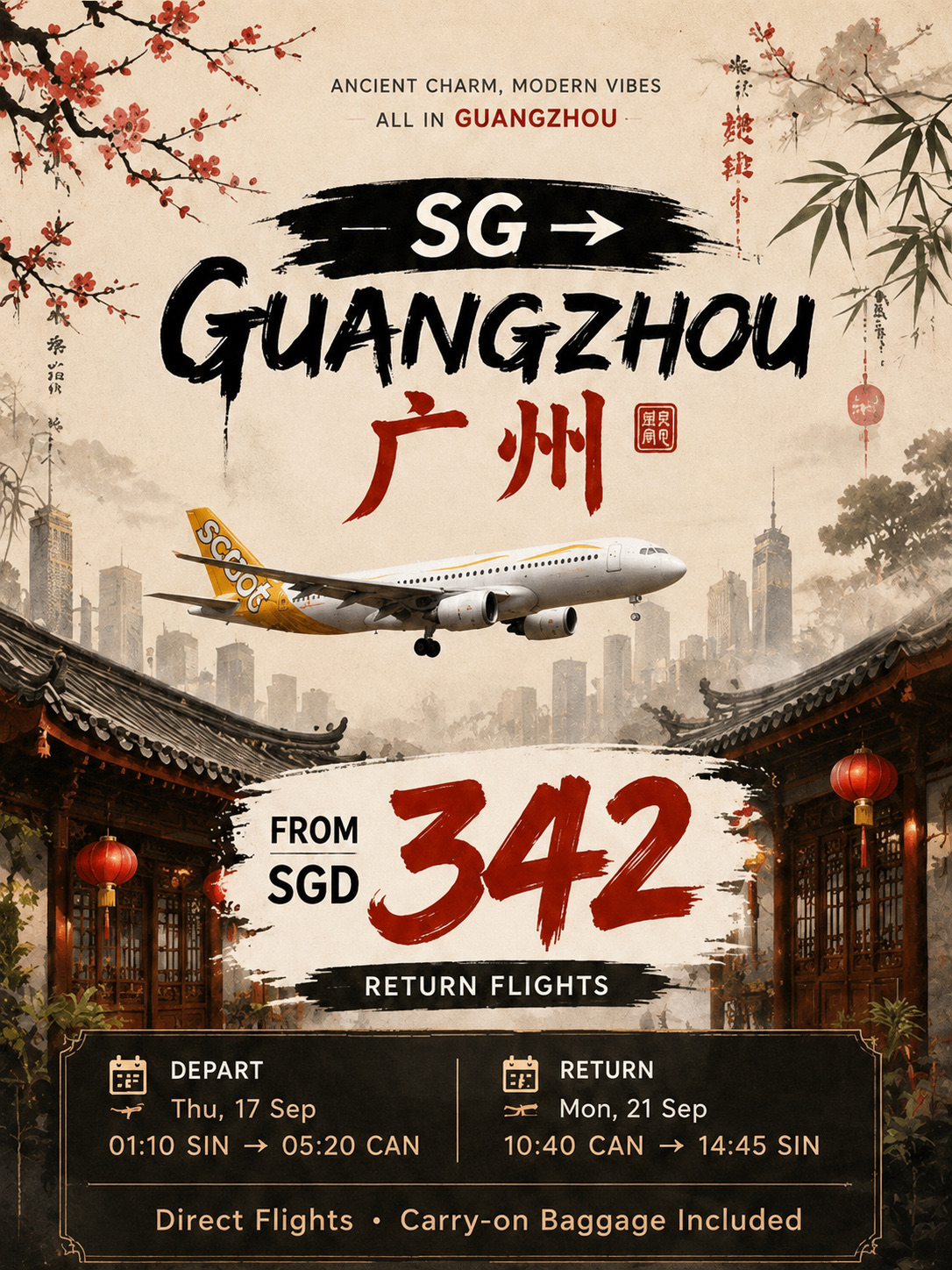 For this travel period 17–21 Sep, I spotted 3 flight options to consider. Instead of only looking at the cheapest fare, it’s worth comparing the full picture - price, baggage, timing and convenience ✈️

Here’s the quick breakdown:

💰 Option 1 - From S$342
· Cheapest fare spotted
· Direct flight
· Carry-on only
· Late-night departure at 01:10
Best if you mainly want the lowest price and don’t mind less ideal timing.

⏰ Option 2 - From S$366
· Slightly more expensive
· Direct flight
· Carry-on only
· Better departure timing at 05:15
Best if you want a more balanced option without paying too much extra.

🧳 Option 3 - From S$541
· Highest price
· Direct flight
· Includes checked baggage
· Most comfortable outbound timing
Best if you need luggage or prefer convenience over price.

🌦️ Mid-September in Guangzhou is usually warm and humid, with possible showers - so pack light, breathable clothes and an umbrella.

Personally, I think each option suits a different traveller. Would you pick cheapest, better timing, or luggage included?

🚨 Fare snapshot based on Trip.com at the time of checking in July 2026. Prices may change depending on booking date, availability, baggage and promo period.

 #guangzhou #guangzhoutrip #guangzhoutravel #flightdeals #cheapflightdeals 