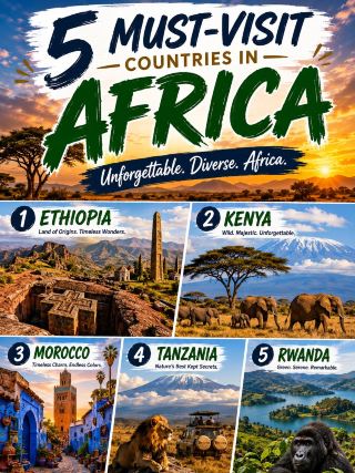 5 Must-Visit Countries in Africa You Need to Explore! ✈️

Discover five of Africa’s most unforgettable destinations, where breathtaking landscapes, incredible wildlife, rich history, and vibrant cultures come together. From ancient wonders to world-famous safaris, these countries offer experiences you’ll never forget. Which one is at the top of your travel bucket list?

🇪🇹 Ethiopia

· Lalibela Rock-Hewn Churches
· Simien Mountains National Park
· Danakil Depression
· Lake Tana & the Island Monasteries
· Gheralta Mountains

🇰🇪 Kenya

· Maasai Mara National Reserve
· Amboseli National Park
· Mount Kenya
· Lake Nakuru National Park
· Diani Beach

🇲🇦 Morocco

· Marrakech Medina
· Chefchaouen (Blue City)
· Sahara Desert (Merzouga)
· Hassan II Mosque
· Fes Medina

🇹🇿 Tanzania

· Serengeti National Park
· Ngorongoro Crater
· Mount Kilimanjaro
· Zanzibar Beaches
· Tarangire National Park

🇷🇼 Rwanda

· Volcanoes National Park
· Gorilla Trekking
· Lake Kivu
· Nyungwe Forest National Park
· Kigali City

✨ Which of these amazing countries would you visit first? Share your dream destination in the comments!

#Tripcom #Africa #Travel #Ethiopia #Kenya #Morocco #Tanzania #Rwanda #BucketList #Adventure #Nature #LuxuryTravel #TravelInspiration #ExploreAfrica #Wanderlust