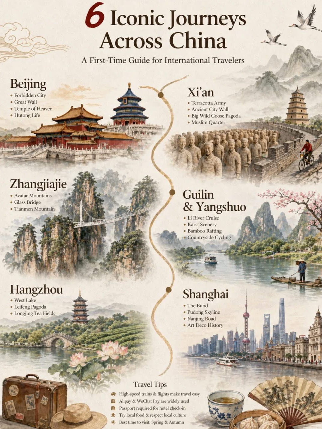 China isn’t just skyscrapers and bustling megacities—there’s so much more vibe to discover! If you're down to truly feel the culture, history, and jaw-dropping scenery, you’ve gotta check out these six iconic cities. Each one brings a totally different energy to the table. Let’s get into it 👇

✨ Beijing — The Ancient & Modern Mashup  
Walk the halls of history at the Forbidden City (No.4 Jingshan Front Street, Dongcheng District, Beijing; open daily 8:30am–5:00pm) and stand in the enormity of Tiananmen Square. The imperial architecture will leave you in awe 🤩, and there's street food on every corner—sooo good!

🏺 Xi’an — Step Into The Past   
Meet the legendary Terracotta Army (Lintong District, Xi'an; open daily 8:30am–5:30pm) and bike on the ancient city walls. This old capital is SO full of stories—every turn feels like a time-travel moment!

🌄 Zhangjiajie — Unreal Scenery Goals  
If Instagrammable views are your thing, this place is insane. Avatar mountains? Yep, those epic sandstone pillars are for real at Zhangjiajie National Forest Park (Wulingyuan District; open 7:30am–6:00pm). Don’t forget to try the glass bridge if you dare!

🌊 Guilin & Yangshuo — Dreamy Rivers and Karst Vibes  
The Li River cruise (Zhujiang Pier, Guilin; boats start from 9:00am) and those pointy mountains are next level! Cycle around Yangshuo’s countryside, or just chill by the riverside cafes—it’s nature therapy 💚.

🍃 Hangzhou — Chill by the Legendary Lake  
Picture-perfect West Lake (Xihu District, Hangzhou; always open) is legit romantic, with weeping willows and old stone bridges everywhere. Sip on fresh Longjing tea straight from the source and soak up the peaceful mood.

🏙️ Shanghai — Where Old Meets New  
Shanghai’s skyline at The Bund (Zhongshan East 1st Rd, Huangpu) is absolutely iconic at night. Explore lanes filled with trendy shops, temples, and futuristic towers—it’s tradition AND neon sparkle in one!

Each spot serves its own unique look and adventure. Travel through these cities and you’ll see: China is full of surprises at every stop!

Ready to set off? Book your journeys through trip.com for slick options and zero stress!  
#TravelChina  #VisitChina  #ChinaGuide  #ChinaTravel  #ExploreChina 