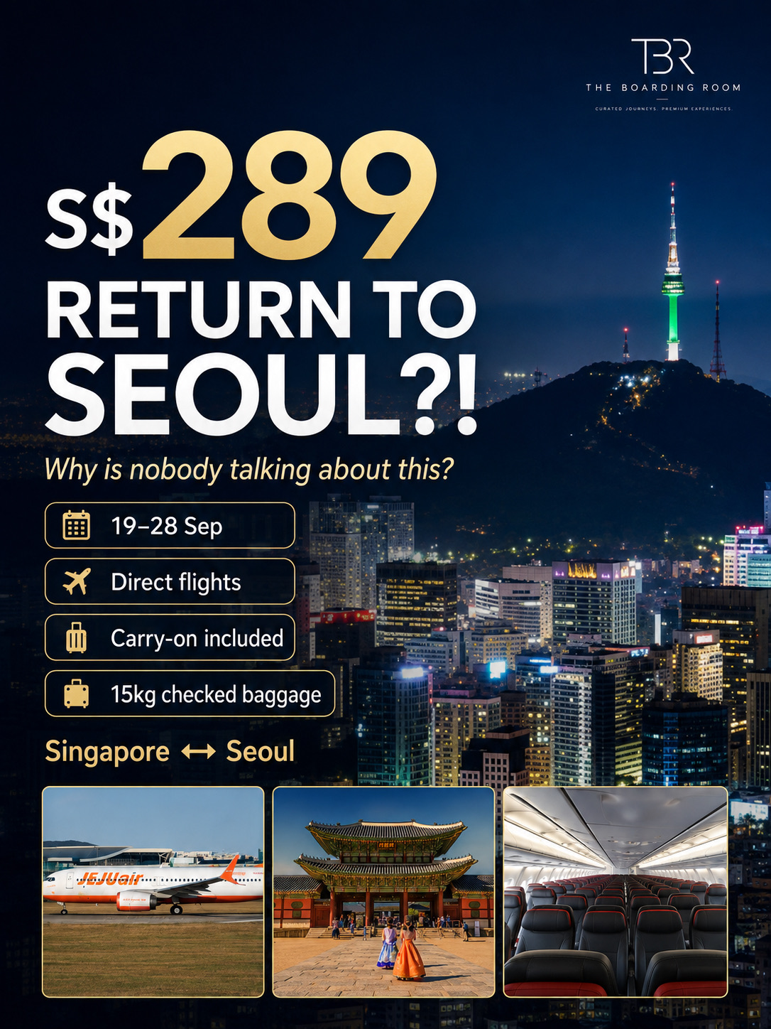 I found a Singapore → Seoul return fare for just S$289 for 19–28 September, and it even includes carry-on + 15kg checked baggage. 👀

Outbound — T’way Air TW162
SIN T2 23:00 → ICN T1 06:45
✈️ Airbus A330-300
⏱ 6h 45m

The overnight timing is actually great — sleep on the plane, land early and get almost a full first day in Seoul.

Return — Jeju Air 7C2623
ICN T1 18:10 → SIN T4 23:40
✈️ Boeing 737 MAX 8
⏱ 6h 30m

You still get most of your final day for shopping, cafés or one last Korean meal before heading to the airport.

Both are Korean low-cost airlines, so expect a more basic experience and possible extra charges for meals, seat selection and other add-ons. The upside? The outbound uses a wide-body A330, which is a nice bonus for a 6+ hour overnight flight.

A few things to watch: the itinerary is split across multiple bookings/tickets, cancellation starts from S$109, and changes from S$36.

Still, S$289 return + direct flights + 15kg baggage + good timings feels like a very strong Korea deal. 🔥

Would you book this, or pay more for a full-service airline?

Fare shown at the time of search and may change.

 #seoul #koreatrip #thingstodo #travelhacks #cheapflightdeals #twayair #jejuair #flightdeals 