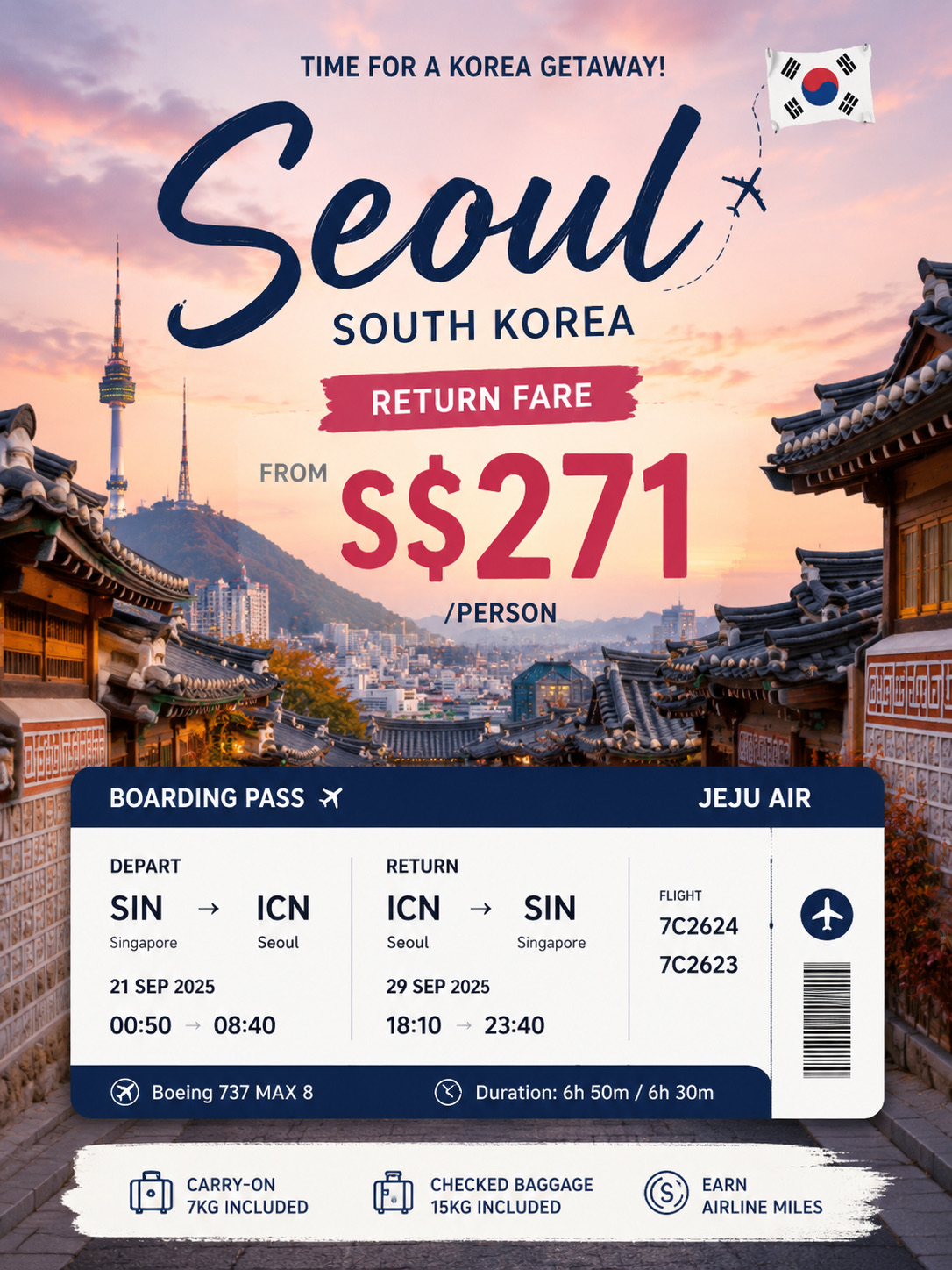 Seoul for S$271 return?! 👀🇰🇷 This September flight deal is seriously tempting.

✈️ Singapore → Seoul
📅 21–29 Sep
🛫 Jeju Air — Direct flights
💰 S$271/person return
🧳 15kg checked baggage included + carry-on
⏱️ Around 6.5–7 hours each way

And the timing is pretty decent too — you’ll arrive in Seoul in the morning, which means you basically get a full first day to explore. 🙌

Save these 5 Seoul must-visits for your trip:
🏯 Gyeongbokgung Palace
🌃 N Seoul Tower
🏘️ Bukchon Hanok Village
🛍️ Myeongdong
🌉 Han River & Banpo Bridge

September is also a lovely transition period in Seoul — generally cooler than peak summer, while still being early for the main autumn foliage season. 🍂

⚠️ Fare spotted at S$271/person when checked and prices can change anytime. Always check the final fare, baggage allowance and booking conditions before paying.

Would you fly to Seoul for S$271 return? 👀✈️

#seoul #seoultravel #koreatravel #flightdeals #singaporetravel #traveldeals #visitseoul #southkorea #cheapflightdeals #seoultrip #flightdeals 