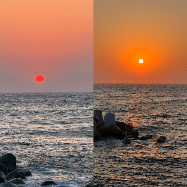 울릉도에서 본 뜨거운 일몰 태양이 바다로 녹아내리다