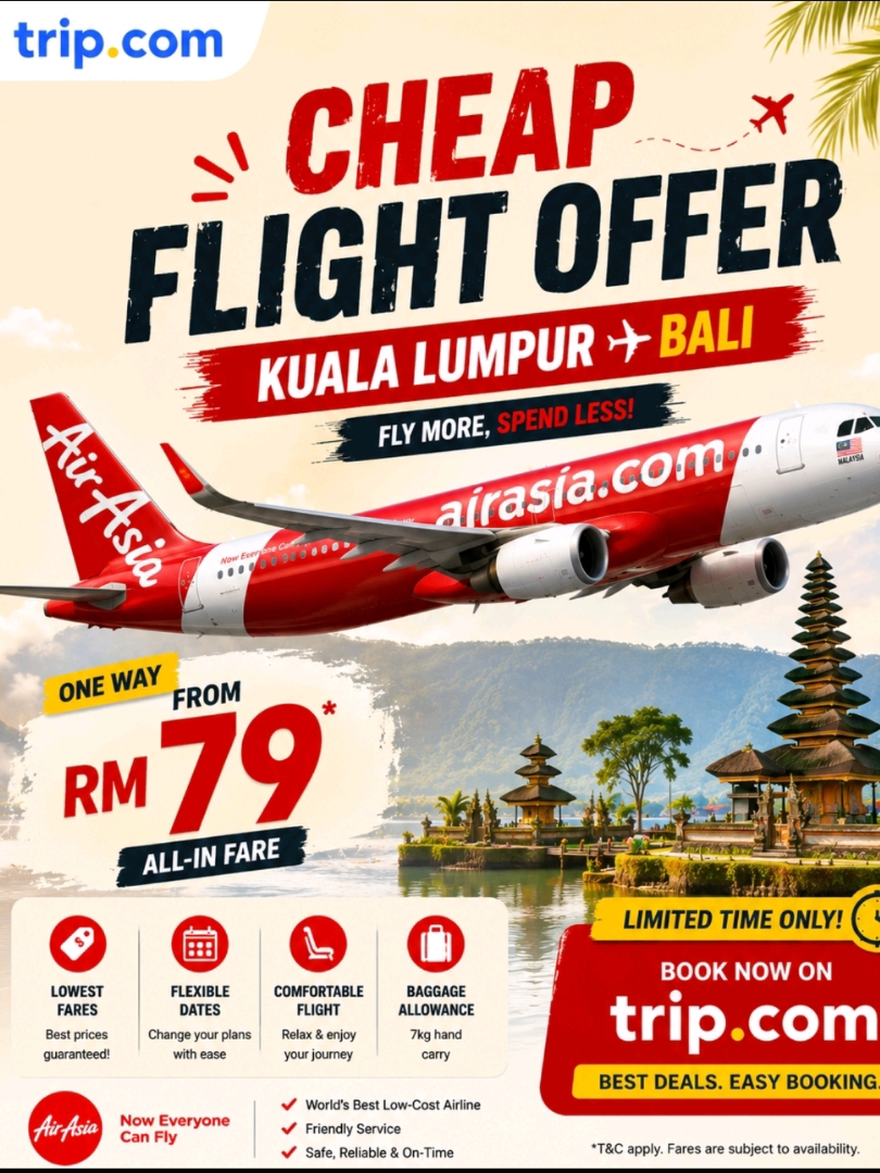 ✈️ Budget Travel Alert! Kuala Lumpur ➡️ Bali 🇲🇾🇮🇩
Dreaming of Bali’s stunning temples, beaches & sunsets? 🌴 Now fly with AirAsia at an amazing price and make your dream trip real without spending too much! 💸
🏝️ Flight Deal: Starting from just RM79* (one way)
💰 Total Budget Trip (3–4 Days):
✈️ Flights: RM150–250
🏨 Stay: RM200–400 (budget hotel/villa)
🍜 Food: RM100–150 (local cafes & street food)
🚕 Transport & Activities: RM150–250
✨ Total Approx Budget: RM600–1000
From Ubud temples 🛕 to beach clubs in Seminyak 🍹 and Instagram-worthy spots everywhere 📸—Bali gives luxury vibes on a budget!
⏳ Limited-time offer—don’t miss out!
👉 Book now & start your Bali adventure today! 💛✈️
#FlightDeal #AirAsia #CheapFlights #KualaLumpurToBali #BaliTrip #BudgetTravel #TravelDeals #Wanderlust #ExploreAsia #IslandLife #TravelNow #HolidayVibes #BudgetTrip #BaliCalling #FlyForLess