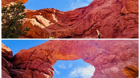 Saksikan keajaiban bebatuan merah dengan latar langit biru di Taman Nasional Arches. — traveler post in Moab