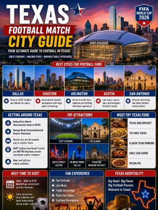 #footballmatchcityguide 
🏟️ 🤠⚽ FIFA WORLD CUP MATCH VIBES Texas Football Match City Guide 🇺🇸

Texas is one of the biggest football destinations in the United States during the FIFA World Cup. With world-class stadiums, exciting fan festivals, giant public screens, and legendary Texas hospitality, every match becomes a memorable experience.

📍 Best Cities for Football Fans

🏙️ Dallas – Home to AT&T Stadium and vibrant fan zones.
🌆 Houston – International football atmosphere with large public screenings.
🤠 Arlington – One of the world's most famous sports venues.
🎸 Austin – Live music, sports bars, and energetic football crowds.
🌊 San Antonio – Historic attractions and lively football watch parties.

🚇 Getting Around

✈️ Dallas/Fort Worth International Airport (DFW)
✈️ George Bush Intercontinental Airport (Houston)
🚗 Rental cars are the easiest way to explore Texas.
🚆 DART (Dallas Area Rapid Transit) and METRO Houston provide convenient public transport.
🚕 Uber and Lyft are widely available.

🌟 Top Attractions

⭐ AT&T Stadium
⭐ Houston Museum District
⭐ The Alamo, San Antonio
⭐ Sixth Street, Austin
⭐ Reunion Tower, Dallas

🍔 Must-Try Texas Food

🥩 Texas BBQ Brisket
🌮 Tex-Mex Tacos
🍔 Classic Texas Burgers
🌶️ Chili con Carne
🥧 Pecan Pie

📅 Best Time to Visit

🌤️ June–July for FIFA World Cup excitement and fan festivals.
☀️ Carry sunscreen, stay hydrated, and book hotels early during major matches.

Texas offers incredible football passion, modern stadiums, amazing food, and unforgettable fan experiences—making it a perfect destination for every football lover.

Everything is Bigger in Texas... including the football atmosphere! ⚽🔥
#fifaworldcup2026  #attstadium  #arlingtontexas  #dallas  #worldcup2026  #footballtravel  #footballfans  #usa2026  #texas  #footballmatchfoodmap #travel2026 