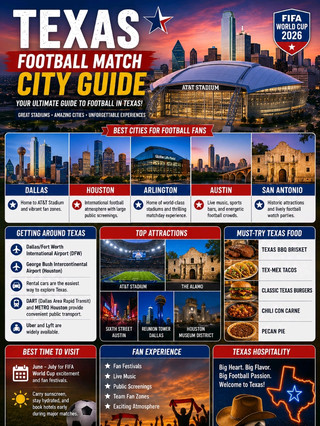 #footballmatchcityguide 
🏟️ 🤠⚽ FIFA WORLD CUP MATCH VIBES Texas Football Match City Guide 🇺🇸

Texas is one of the biggest football destinations in the United States during the FIFA World Cup. With world-class stadiums, exciting fan festivals, giant public screens, and legendary Texas hospitality, every match becomes a memorable experience.

📍 Best Cities for Football Fans

🏙️ Dallas – Home to AT&T Stadium and vibrant fan zones.
🌆 Houston – International football atmosphere with large public screenings.
🤠 Arlington – One of the world's most famous sports venues.
🎸 Austin – Live music, sports bars, and energetic football crowds.
🌊 San Antonio – Historic attractions and lively football watch parties.

🚇 Getting Around

✈️ Dallas/Fort Worth International Airport (DFW)
✈️ George Bush Intercontinental Airport (Houston)
🚗 Rental cars are the easiest way to explore Texas.
🚆 DART (Dallas Area Rapid Transit) and METRO Houston provide convenient public transport.
🚕 Uber and Lyft are widely available.

🌟 Top Attractions

⭐ AT&T Stadium
⭐ Houston Museum District
⭐ The Alamo, San Antonio
⭐ Sixth Street, Austin
⭐ Reunion Tower, Dallas

🍔 Must-Try Texas Food

🥩 Texas BBQ Brisket
🌮 Tex-Mex Tacos
🍔 Classic Texas Burgers
🌶️ Chili con Carne
🥧 Pecan Pie

📅 Best Time to Visit

🌤️ June–July for FIFA World Cup excitement and fan festivals.
☀️ Carry sunscreen, stay hydrated, and book hotels early during major matches.

Texas offers incredible football passion, modern stadiums, amazing food, and unforgettable fan experiences—making it a perfect destination for every football lover.

Everything is Bigger in Texas... including the football atmosphere! ⚽🔥
#fifaworldcup2026  #attstadium  #arlingtontexas  #dallas  #worldcup2026  #footballtravel  #footballfans  #usa2026  #texas  #footballmatchfoodmap #travel2026 