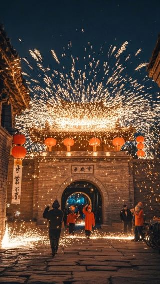 따뜻한 온천과 나무꽃 불꽃놀이의 감동적인 밤