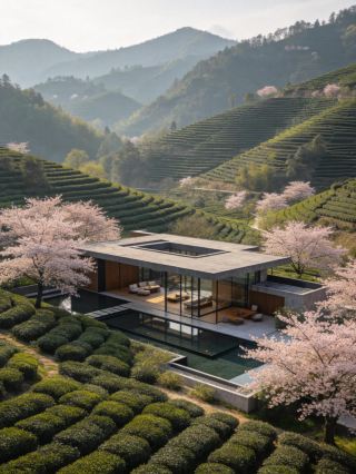 봄날 소수 인파 피하기｜차밭 벚꽃 바다 속의 부드럽고 아름다운 풍경