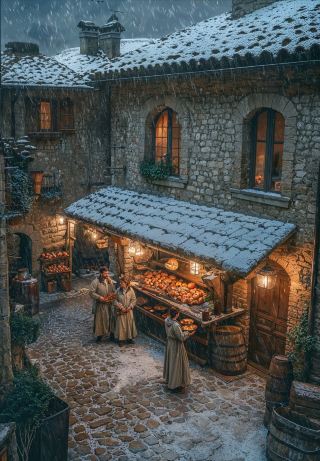 18世紀のイタリアの冬の小さな町を通り抜ける美しい雰囲気が満載！