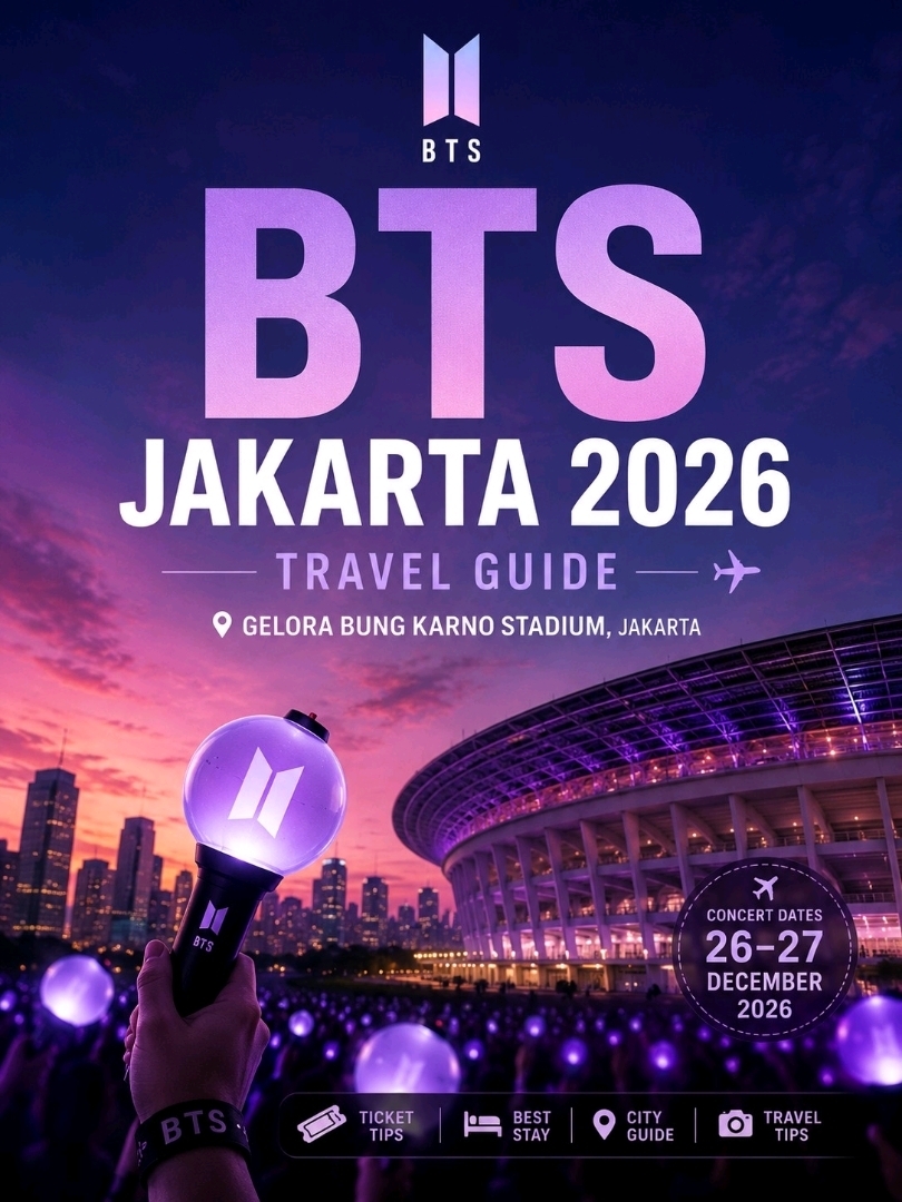 BTS WORLD TOUR IN JAKARTA 2026 adalah salah satu perjalanan konser paling dinantikan bagi para ARMY yang merencanakan liburan akhir tahun. Konser di Jakarta ini dijadwalkan pada 26–27 Desember 2026 di Trip.com, dengan lokasi di Stadion Utama Gelora Bung Karno (SUGBK), salah satu ikon stadion terbesar di Jakarta. Bagi penggemar dari luar kota atau luar negeri, sangat disarankan untuk merencanakan segala sesuatunya lebih awal, mulai dari tiket, hotel, transportasi, hingga jadwal di hari H.

Hal pertama yang wajib disiapkan adalah rencana pembelian tiket 🎫. Sebelum membeli, pastikan kamu mengecek detail acara dengan teliti, termasuk tanggal, kategori tiket, aturan masuk, dan konfirmasi pemesanan. Karena tiket konser populer biasanya ludes dengan cepat, sebaiknya siapkan akun, metode pembayaran, and data diri sebelum periode penjualan dimulai. Setelah berhasil memesan, simpan e-ticket atau kode QR dengan aman dan jangan lupa ambil tangkapan layar (screenshot) sebagai cadangan.

Lokasi hotel juga menjadi faktor kunci dalam perjalanan konser 🏨. Untuk BTS Jakarta 2026, kamu bisa mencari hotel di area Senayan, Sudirman, Thamrin, Blok M, atau Jakarta Pusat. Kawasan-kawasan ini sangat strategis karena dekat dengan tempat makan, pusat perbelanjaan, transportasi umum, dan akses mudah ke seluruh kota. Memilih lokasi yang tepat akan membuat perjalananmu jauh lebih lancar, terutama saat pulang konser ketika kondisi lalu lintas dan kerumunan biasanya sangat padat.

Bagi yang baru pertama kali ke Jakarta, perlu diingat bahwa kota ini sangat sibuk, jadi buatlah rencana perjalanan (itinerary) yang simpel saja. Di hari kedatangan, cukup check-in, istirahat, atau jalan-jalan santai ke mal atau kafe terdekat sambil menyiapkan perlengkapan konser. Di hari konser, hindari aktivitas yang terlalu padat. Luangkan waktu yang cukup untuk makan, bersiap-siap, perjalanan ke venue, pengecekan keamanan, hingga mengantre masuk. Datang lebih awal akan sangat membantu mengurangi stres dan membuat pengalaman menonton jadi lebih seru.

Beberapa barang yang wajib dibawa antara lain paspor atau identitas diri, konfirmasi tiket, power bank, light stick, tas kecil, sepatu yang nyaman, serta uang tunai atau kartu untuk transportasi dan makan. Cuaca di Jakarta bisa cukup panas dan lembap, jadi pakailah pakaian yang nyaman. Jika pergi bersama teman, tentukan titik temu (meeting point) untuk berjaga-jaga jika suasana sangat ramai dan kalian terpisah.

BTS Jakarta 2026 bukan sekadar menonton konser, tapi juga kesempatan menciptakan momen perjalanan tak terlupakan di Jakarta. Dengan perencanaan yang matang, hotel yang strategis, dan jadwal yang santai, para ARMY bisa menikmati konser sekaligus mengeksplorasi keindahan kota dengan lebih nyaman 💜✨
