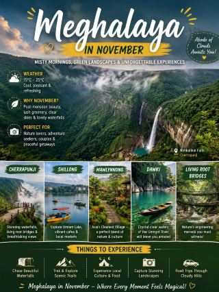 🌿✨ MEGHALAYA IN NOVEMBER – EXPLORE INDIA’S ABODE OF CLOUDS! ☁️💚

Dreaming of misty mountains, emerald-green valleys, breathtaking waterfalls, and crystal-clear rivers? 😍 Meghalaya in November is a beautiful destination for nature lovers and adventure seekers!

🏞️ TOP 5 PLACES TO VISIT IN MEGHALAYA

💦 1. Cherrapunji (Sohra)
Discover spectacular waterfalls, dramatic cliffs, lush valleys, and the famous Nohkalikai Falls. Perfect for photography and scenic adventures! 📸

🌆 2. Shillong
Enjoy the charming hill-station atmosphere, explore local markets, visit cafés, and admire the peaceful beauty of Umiam Lake. ❤️

🌿 3. Mawlynnong
Experience village life, beautiful gardens, peaceful pathways, and a refreshing connection with nature. 🌺

🛶 4. Dawki
Marvel at the crystal-clear waters of the Umngot River and enjoy a scenic boat ride surrounded by green hills. 💙

🌳 5. Living Root Bridges
Witness Meghalaya’s incredible natural wonders, where living tree roots form bridges across forest streams. The trek itself is an unforgettable adventure! 🌱

☀️ WHY VISIT MEGHALAYA IN NOVEMBER?

· 🌤️ Cool, comfortable weather for sightseeing
· 🌄 Beautiful mountain views and misty landscapes
· 💦 Stunning waterfalls and scenic viewpoints
· 🚗 Perfect for picturesque road trips
· 🍲 Delicious local Khasi cuisine
· 📷 Incredible spots for travel photography

🌡️ Weather: Conditions vary by location, but days are often pleasantly cool, with colder mornings and evenings. Rain is still possible.

🗓️ Ideal Duration: 5–7 days
💰 Budget Tip: Choose guesthouses, local eateries, and shared sightseeing trips to keep costs manageable.

💡 Travel Tip: November is generally a good month for exploring Meghalaya. Check waterfall conditions and trekking routes before visiting, and pack a light jacket and comfortable walking shoes.

💚 Meghalaya is more than a destination — it’s an experience of clouds, nature, and unforgettable beauty!

👇 Which place would you love to explore first: Shillong, Dawki, or Cherrapunji?

❤️ Save this post for your next Northeast India adventure!

#Meghalaya  #MeghalayaTourism  #MeghalayaInNovember  #AbodeOfClouds  #Cherrapunji  #Shillong  #Dawki  #Mawlynnong  #LivingRootBridges  #ExploreIndia  #NortheastIndia  #NatureLovers  #MountainEscape  #TravelIndia  #TravelInspiration 