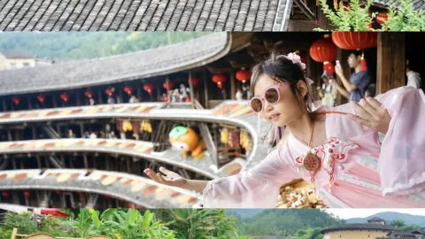 Ajak anak-anak Anda ke Chuxi di Fujian untuk merasakan romantisme dua jenis Tulou (bangunan tanah liat) selama musim gugur saat tanaman mengering di bawah sinar matahari. — traveler post in Longyan